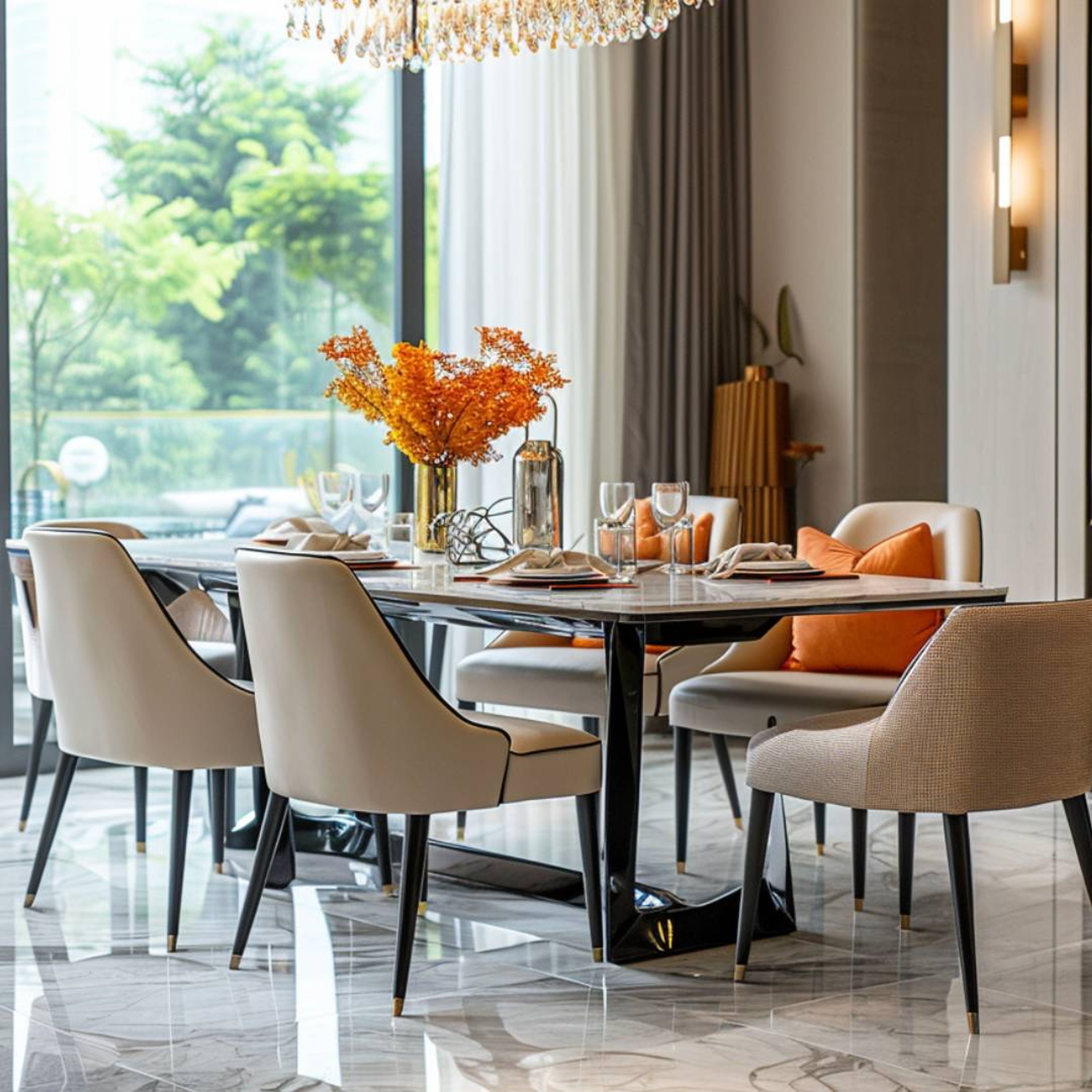 6-Seater Dining Room Design with Marble Table and Crystal Chandelier