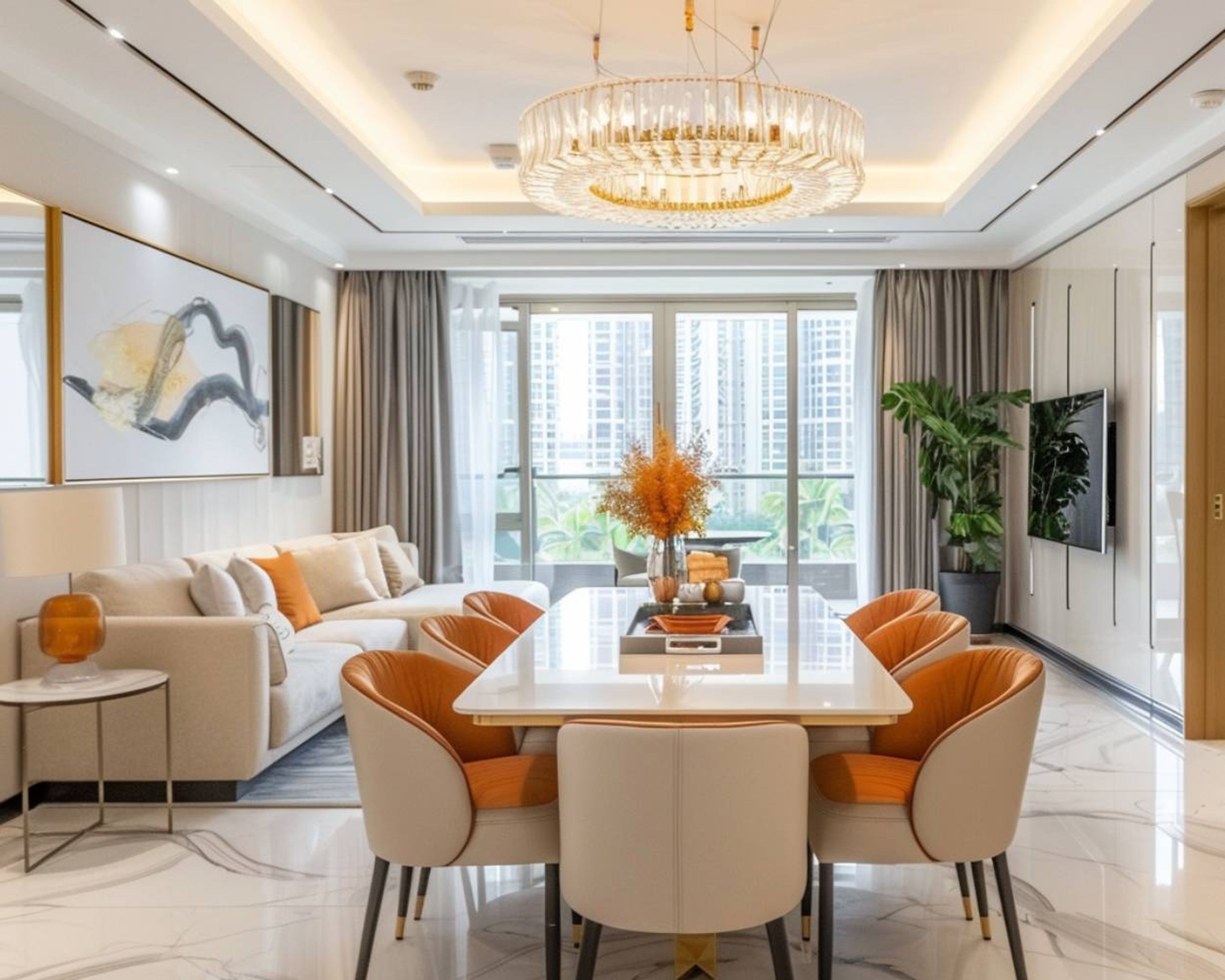 Contemporary Dining Room Design with Marble Table and Crystal Chandelier