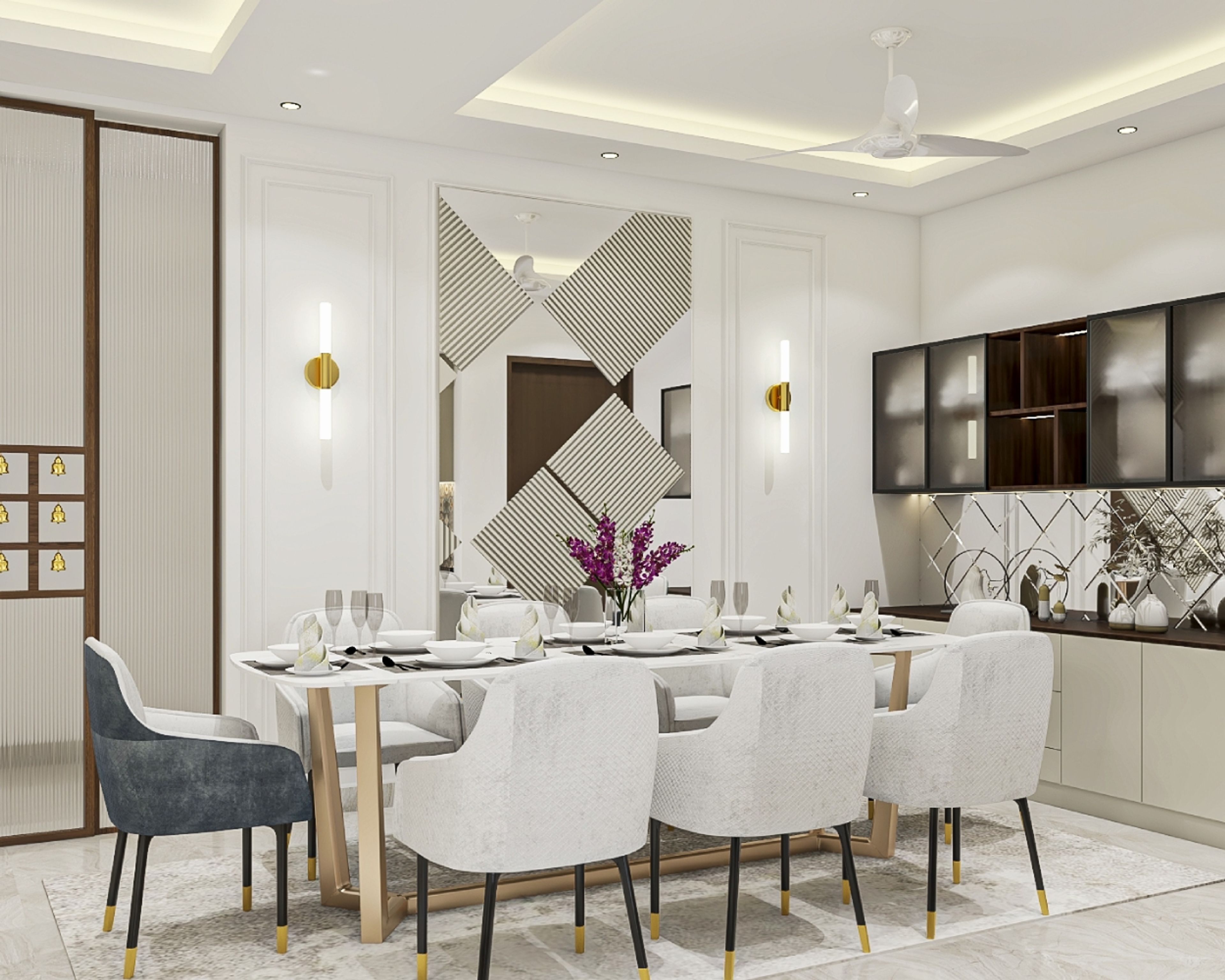 Contemporary Dining Room Design with Marble Table and Upholstered Chairs
