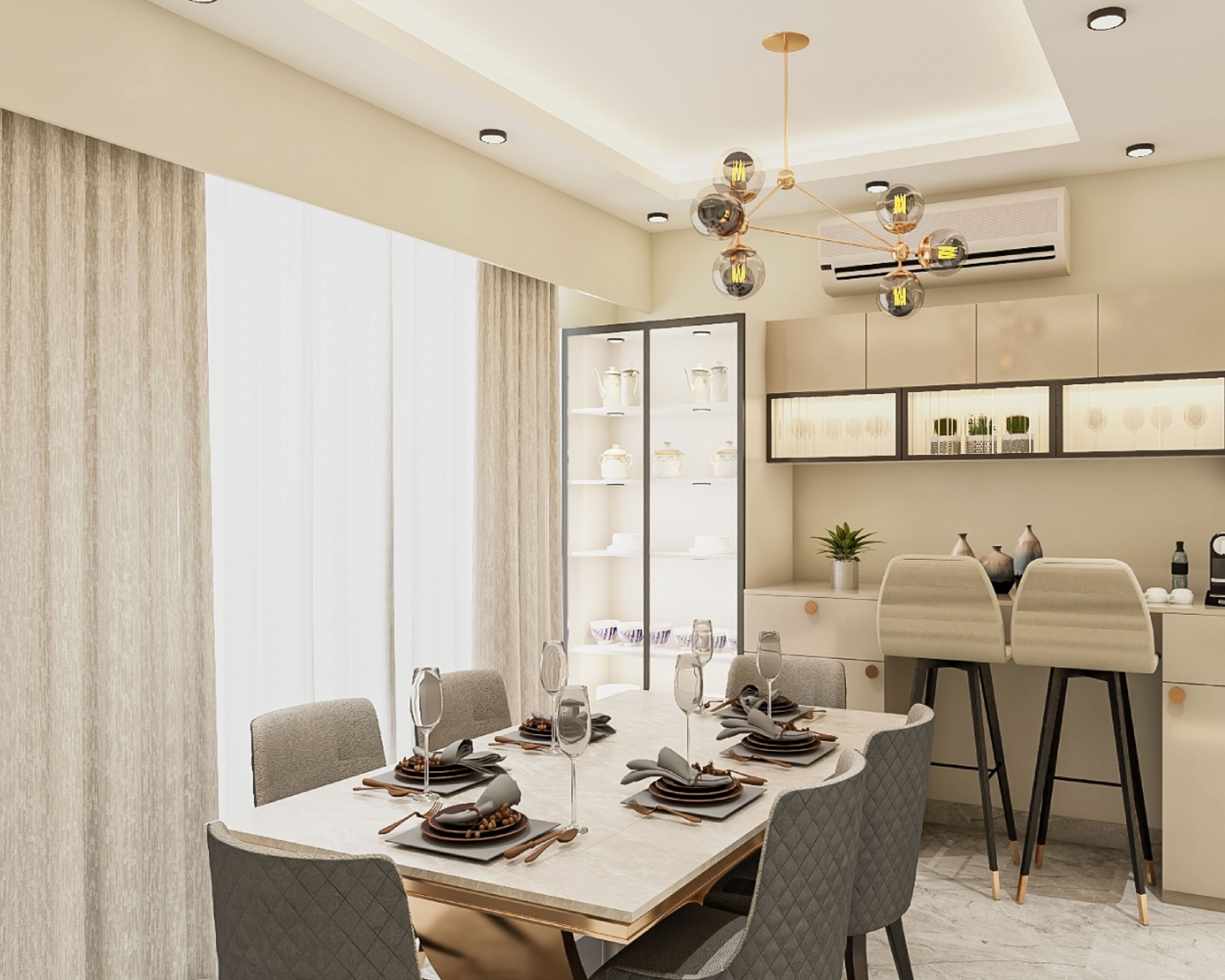 Contemporary Dining Room Design with Upholstered Chairs and Gold Accents