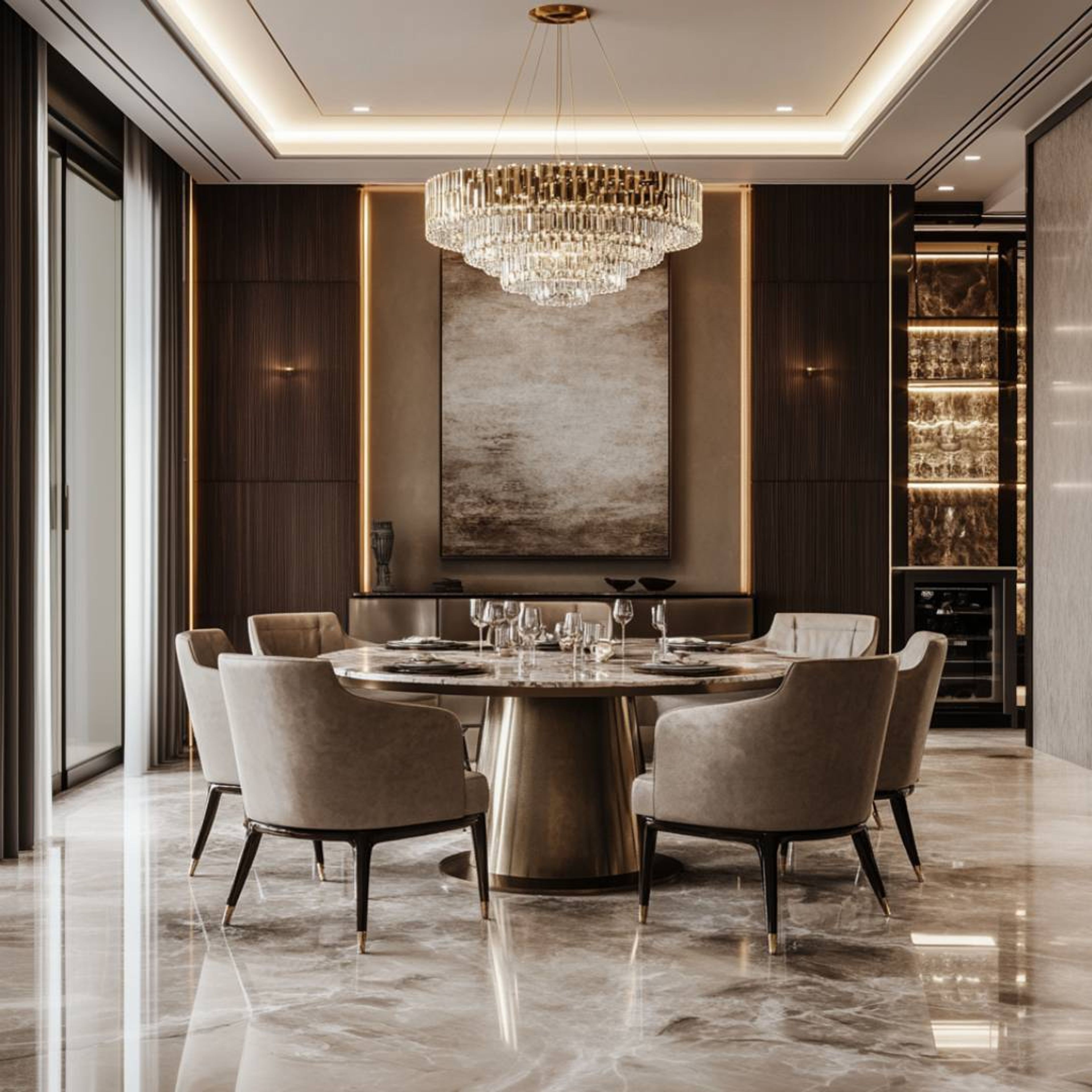 Dining Room Design with Round Table and Beige Upholstered Chairs