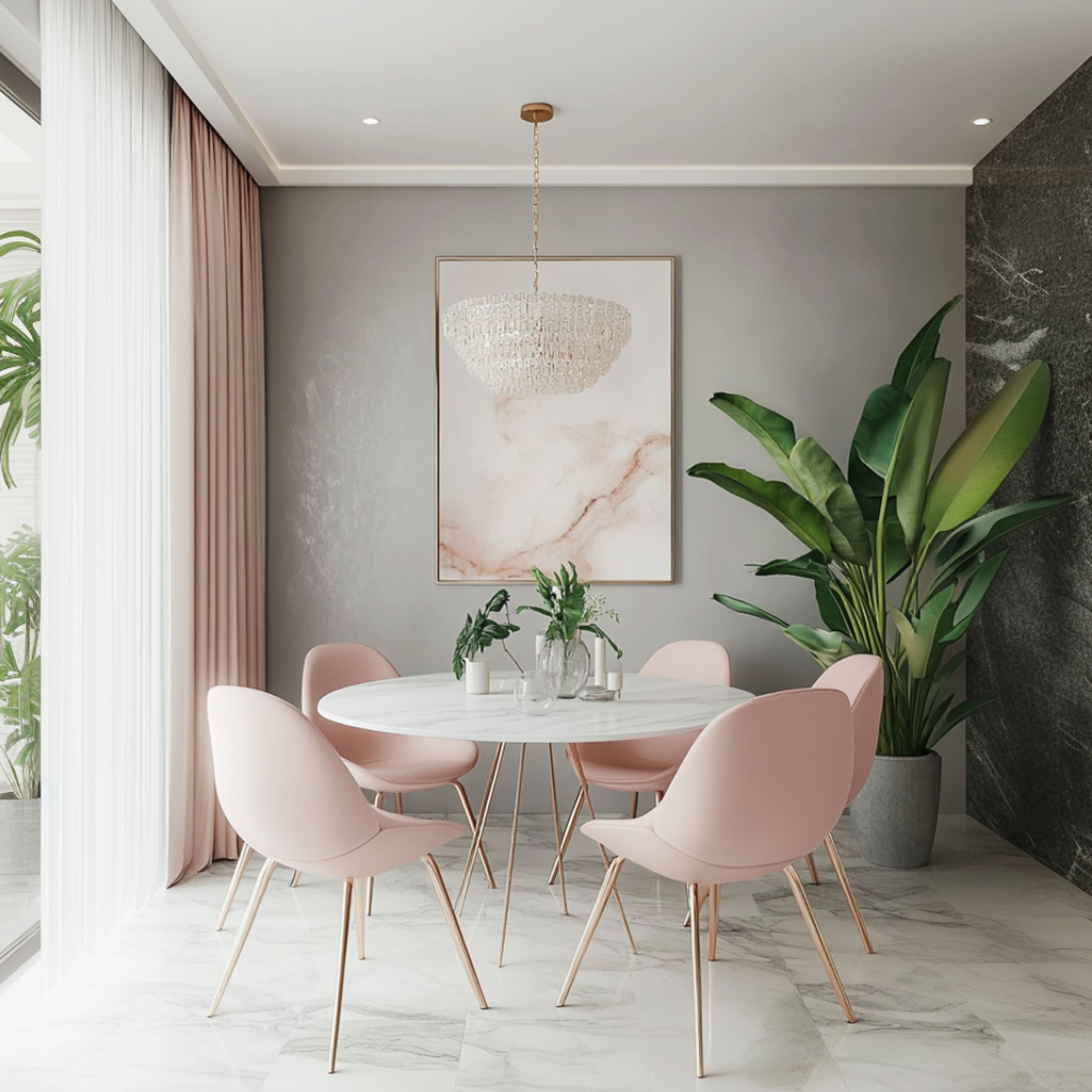 5-Seater Dining Room Design with Round Marble Table