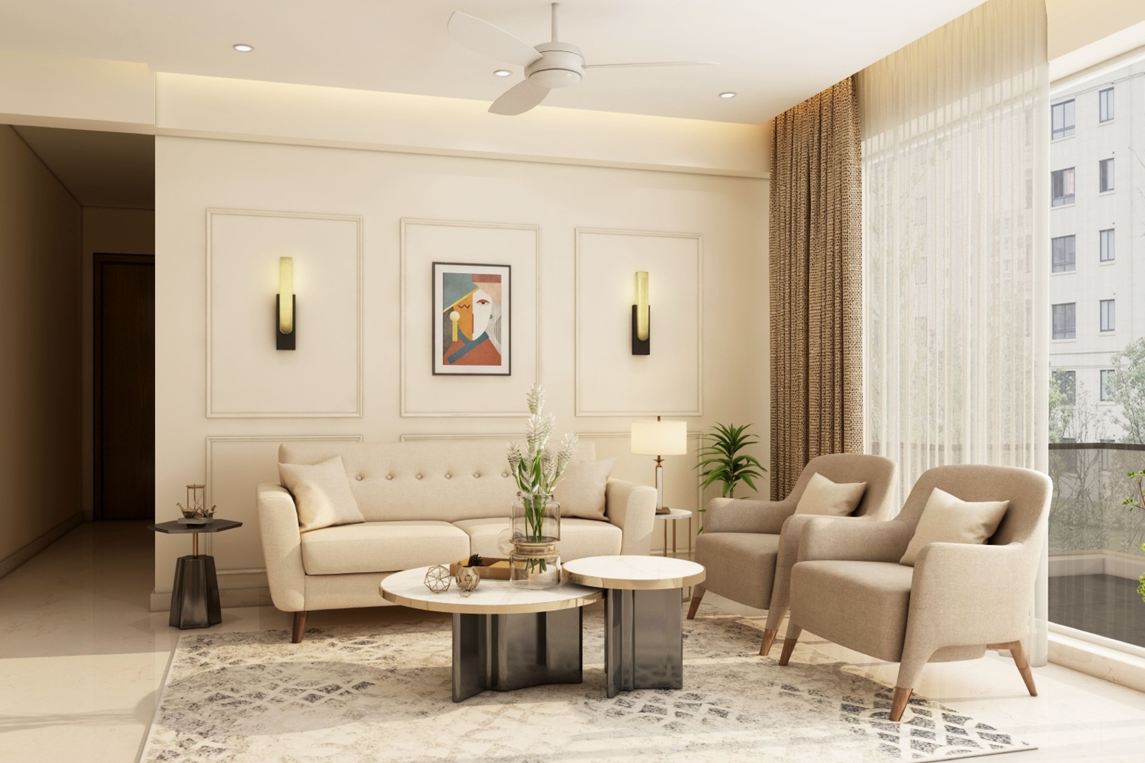 Contemporary Living Room Design with Tufted Sofa and Mid-Century Armchairs