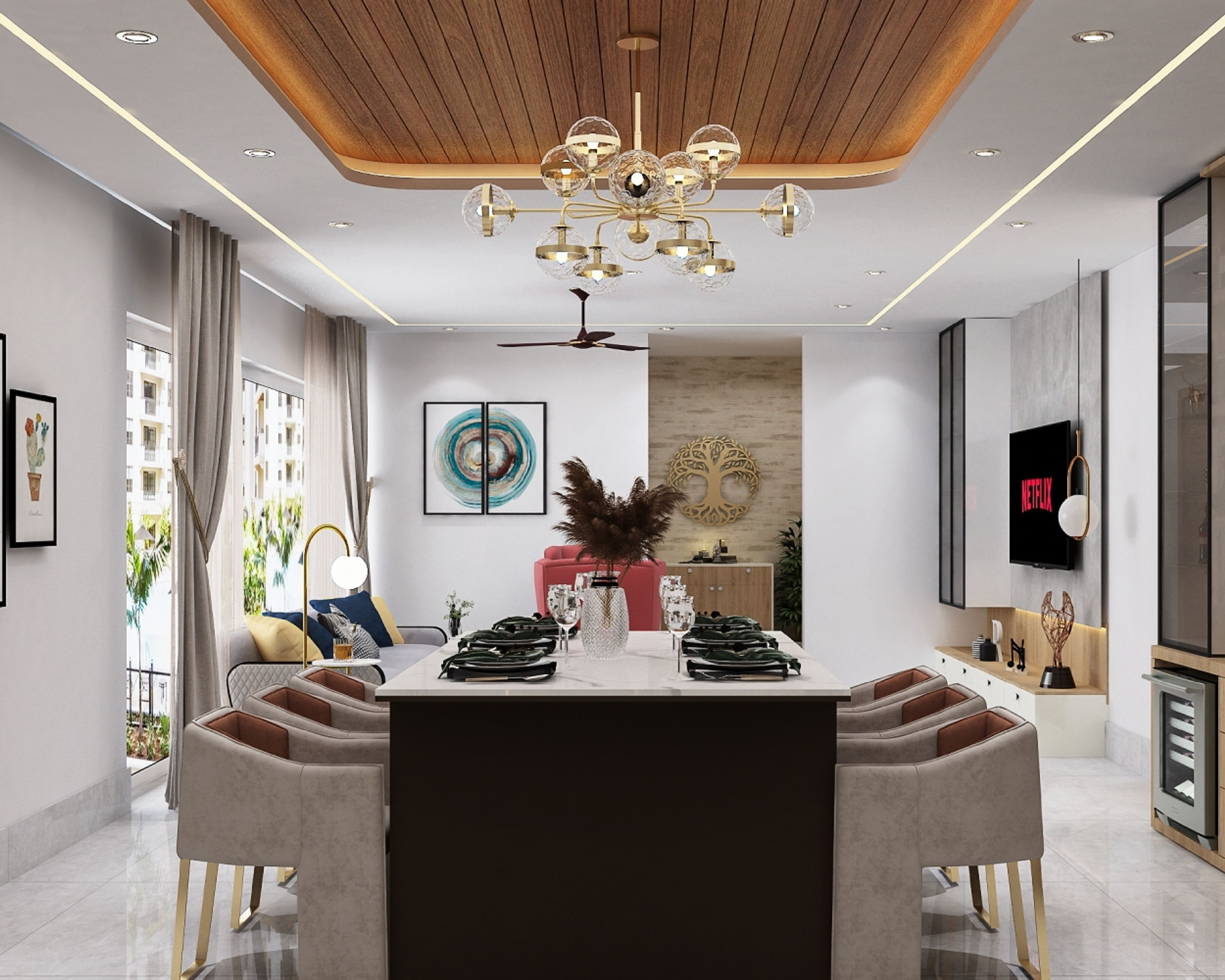 Contemporary Dining Room Design with Marble Table and Beige Chairs