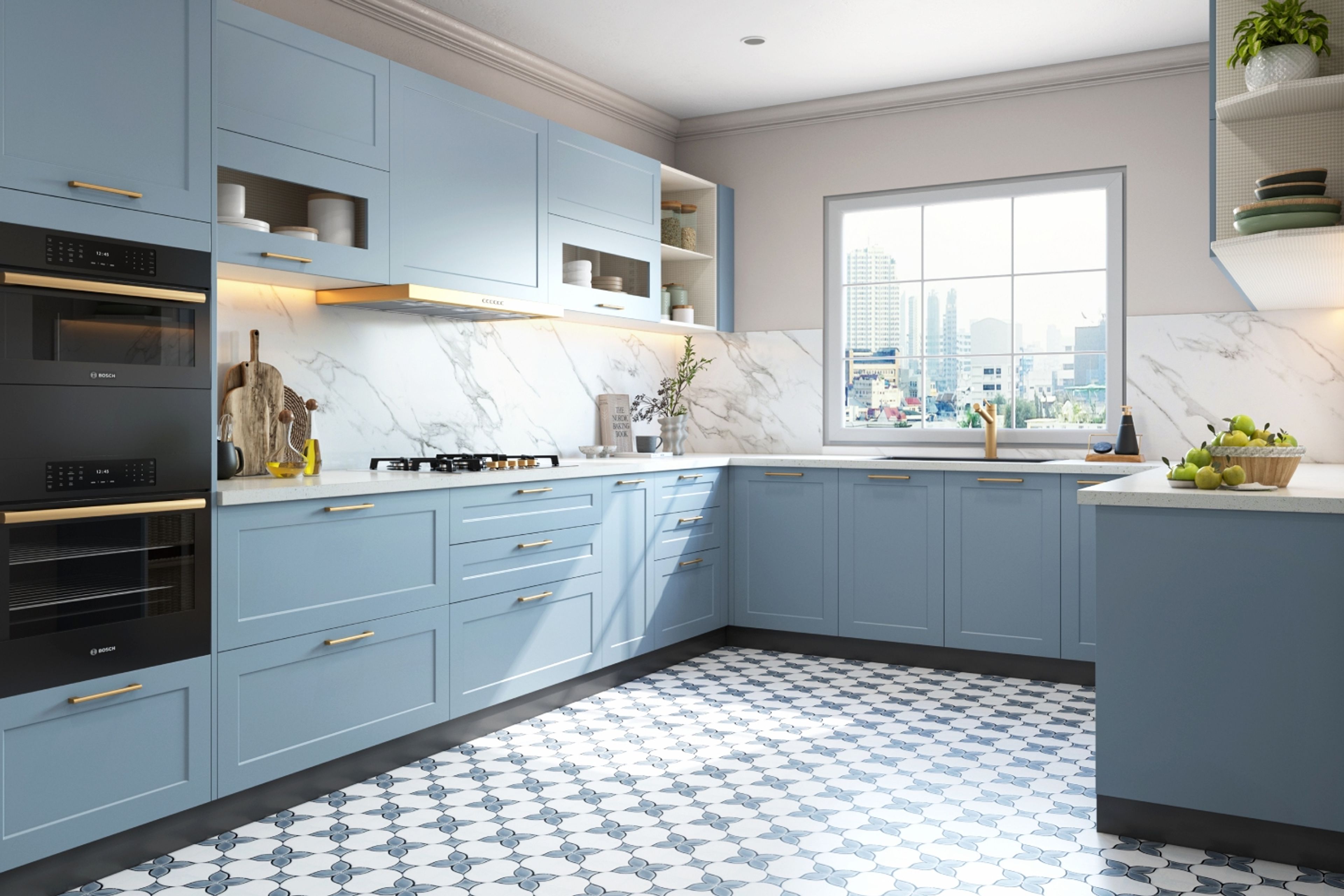 Classic L-Shaped Classic Kitchen Design with Marble Countertop