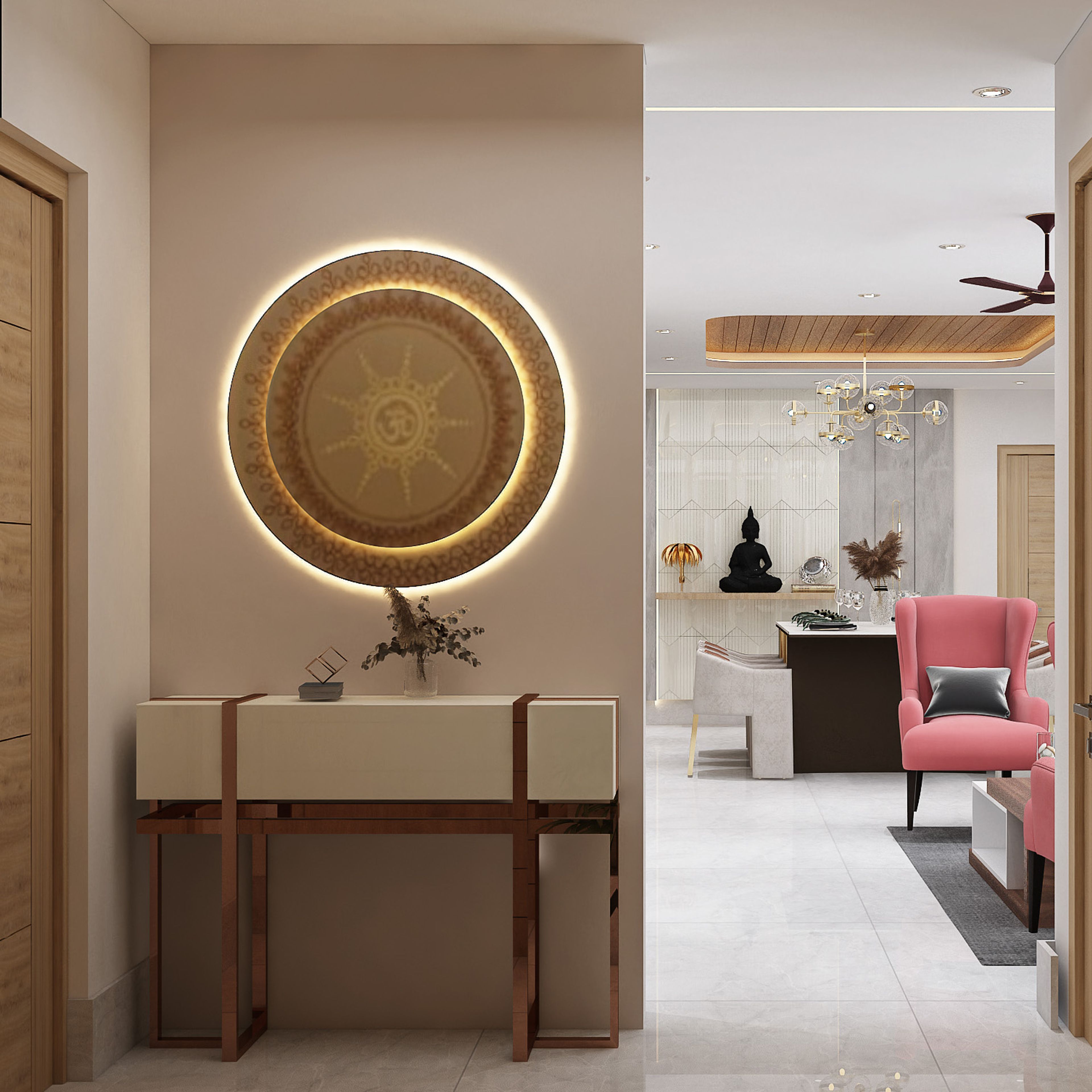 Modern Champagne Console Foyer Design with Concealed Storage