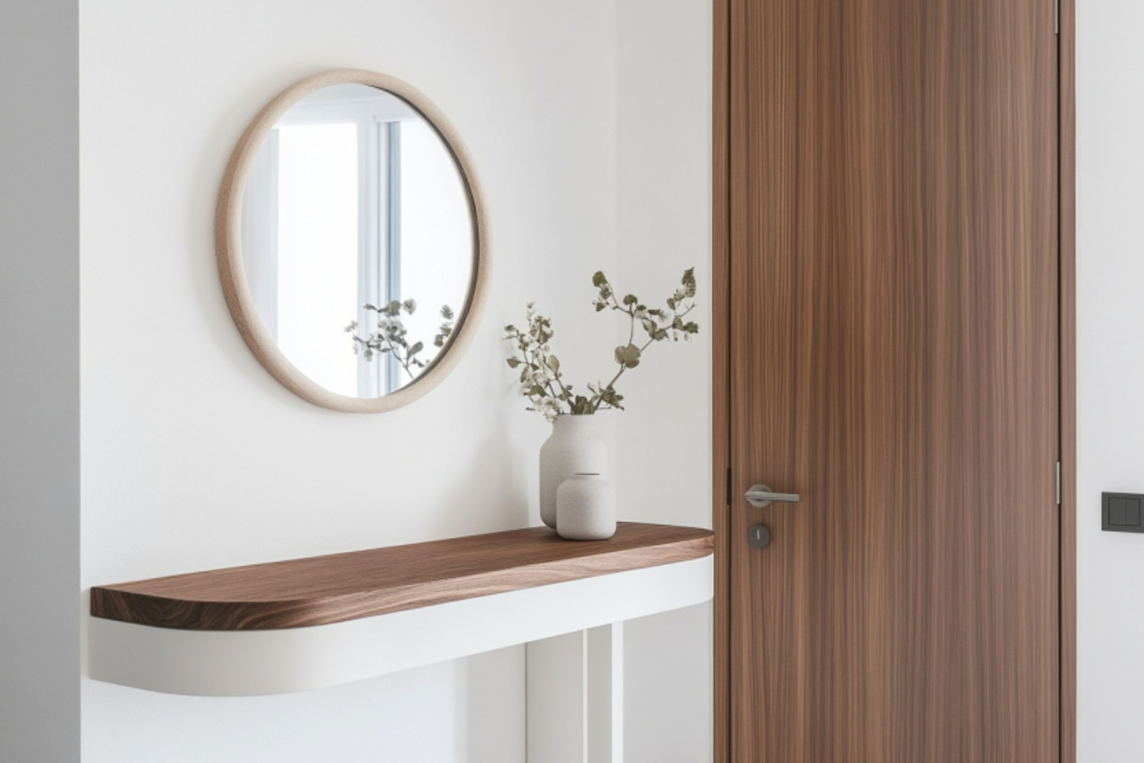 Minimalist Foyer Design with White and Acacia Accents