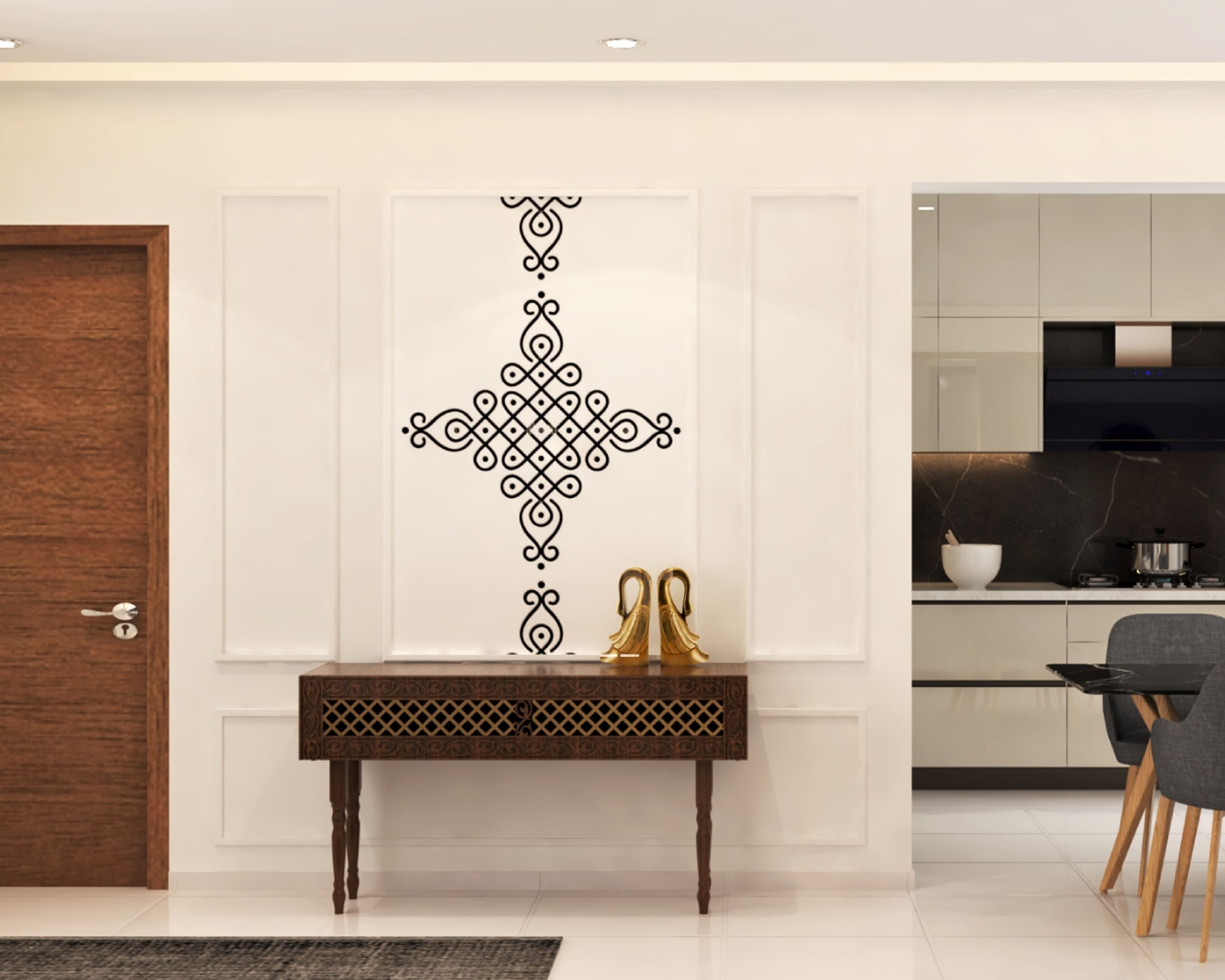 Mid-Century Modern Foyer Design with Wooden Console and Accent Wall