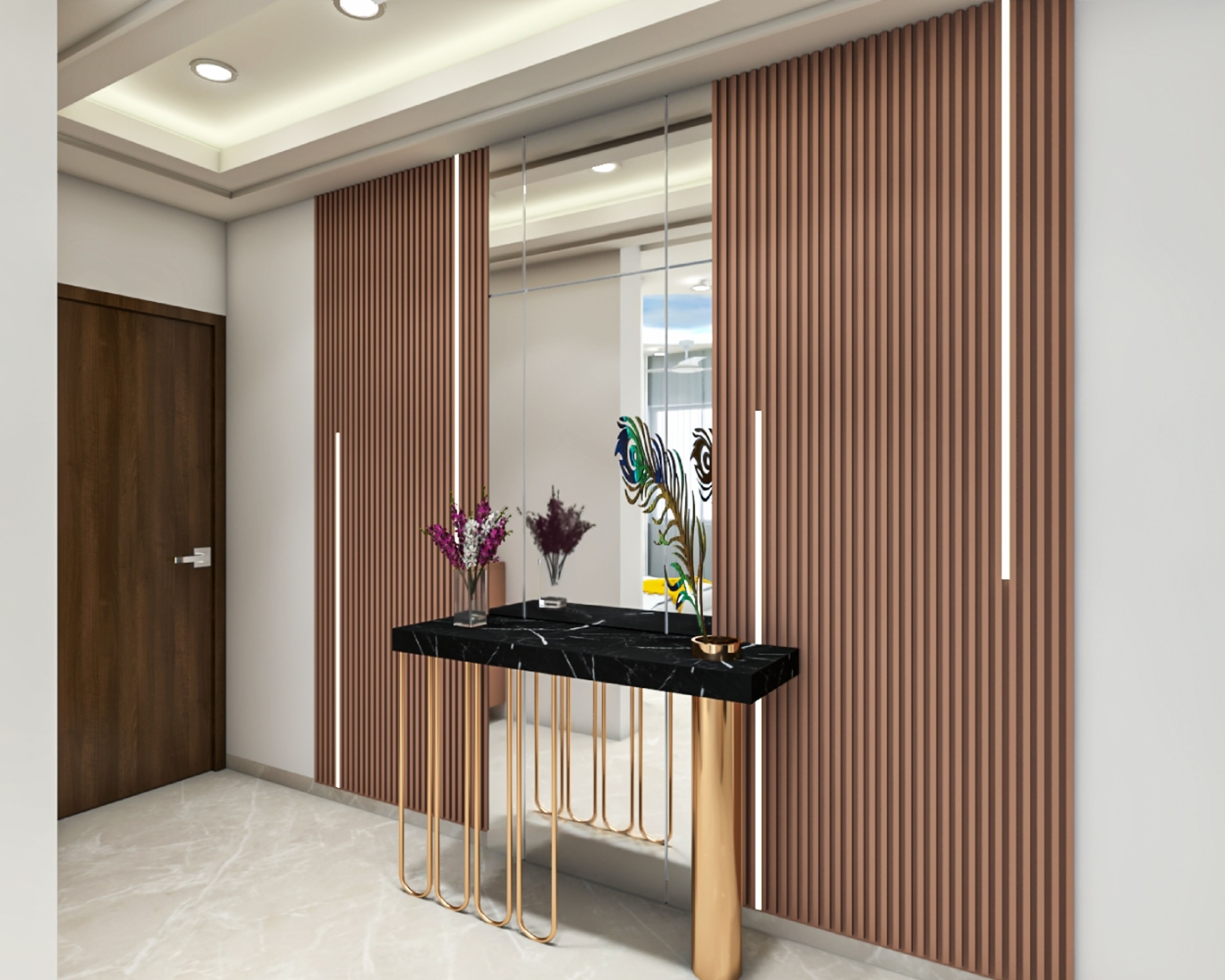 Contemporary Foyer Design with Marble Top Storage and Metal Legs