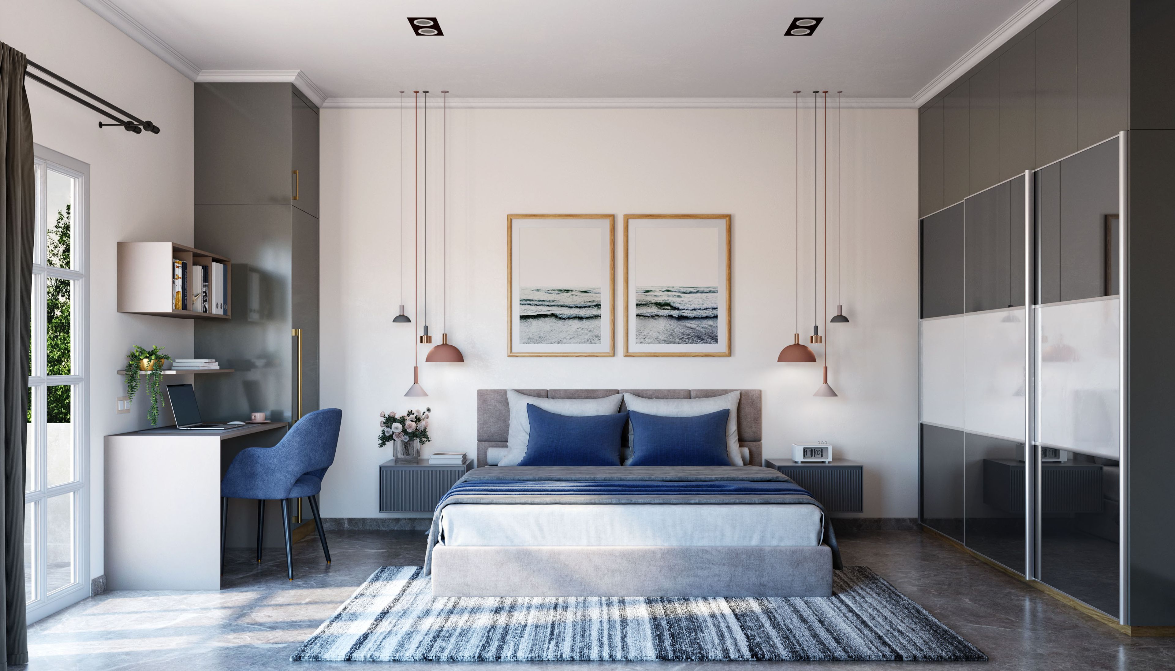 Modern Guest Bedroom Design with Wardrobe and Study Space