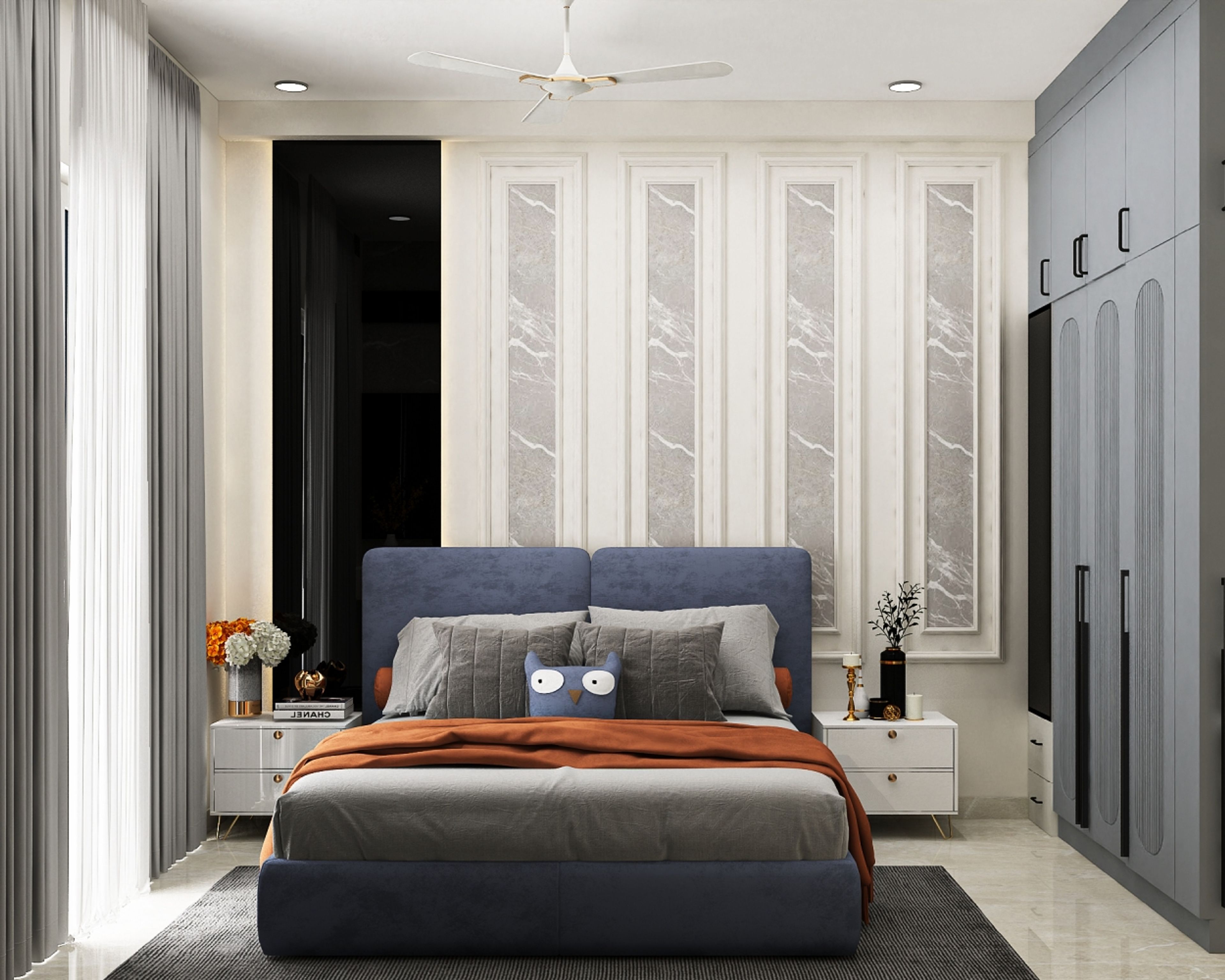 Modern Guest Bedroom Design with Navy Velvet Bed and Marble Paneling