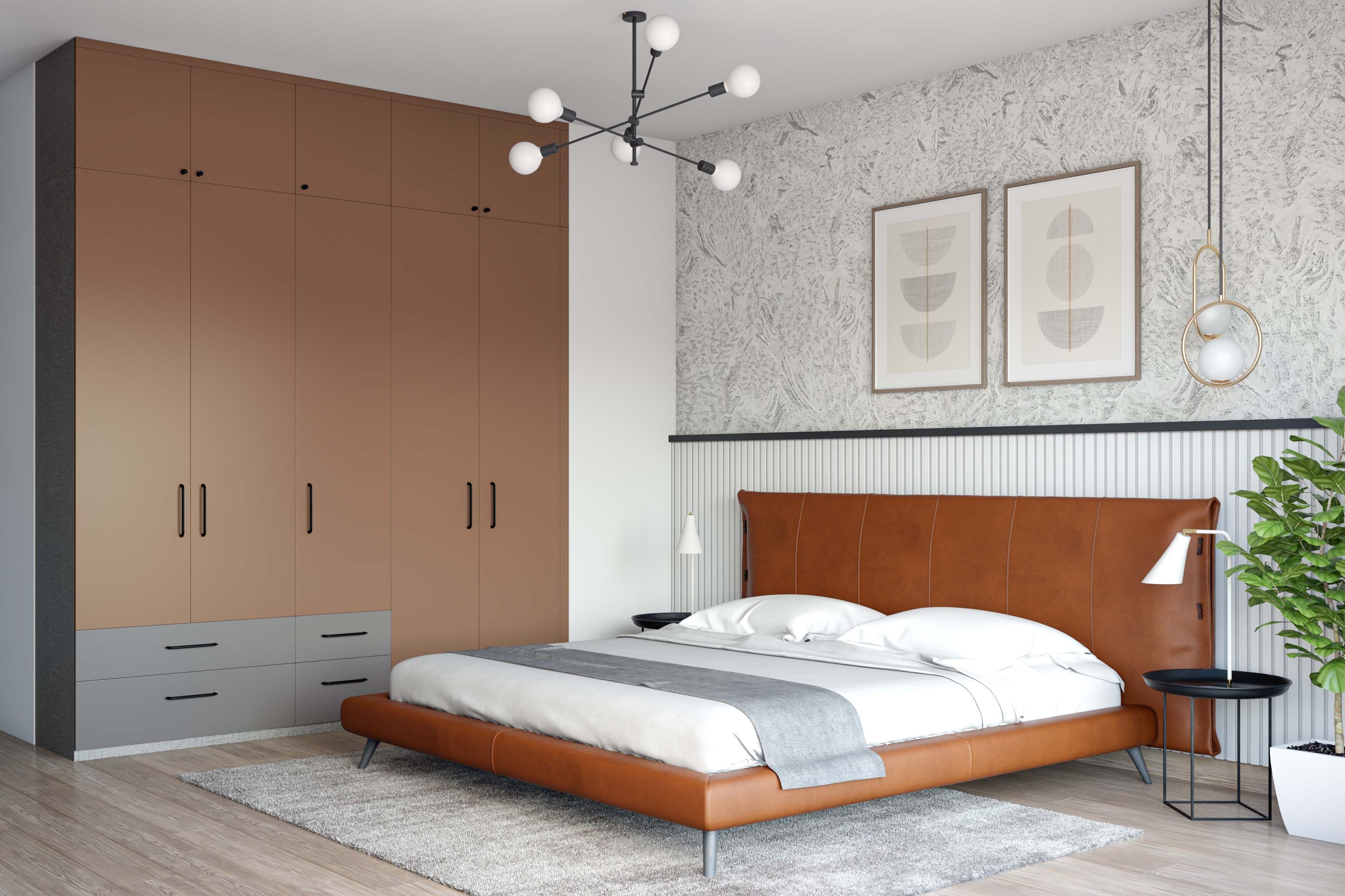 Contemporary Guest Bedroom Design with Tan Leather Bed