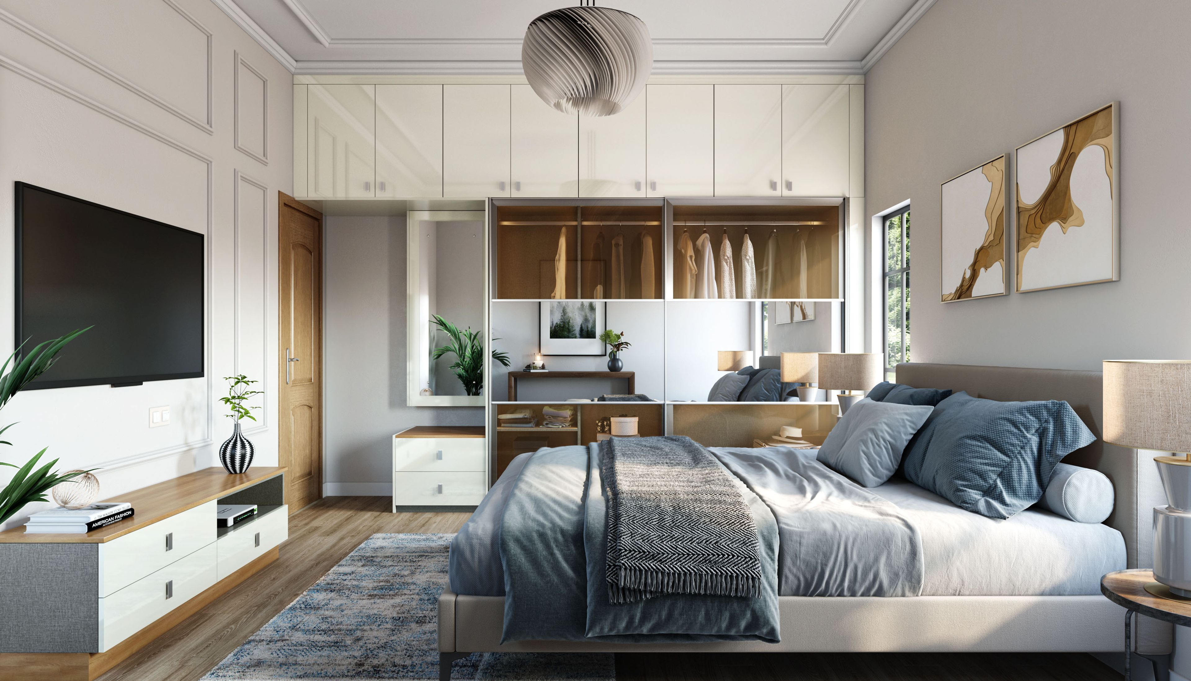 Modern Guest Room Design with Chandelier and Stylish Wooden Side Table