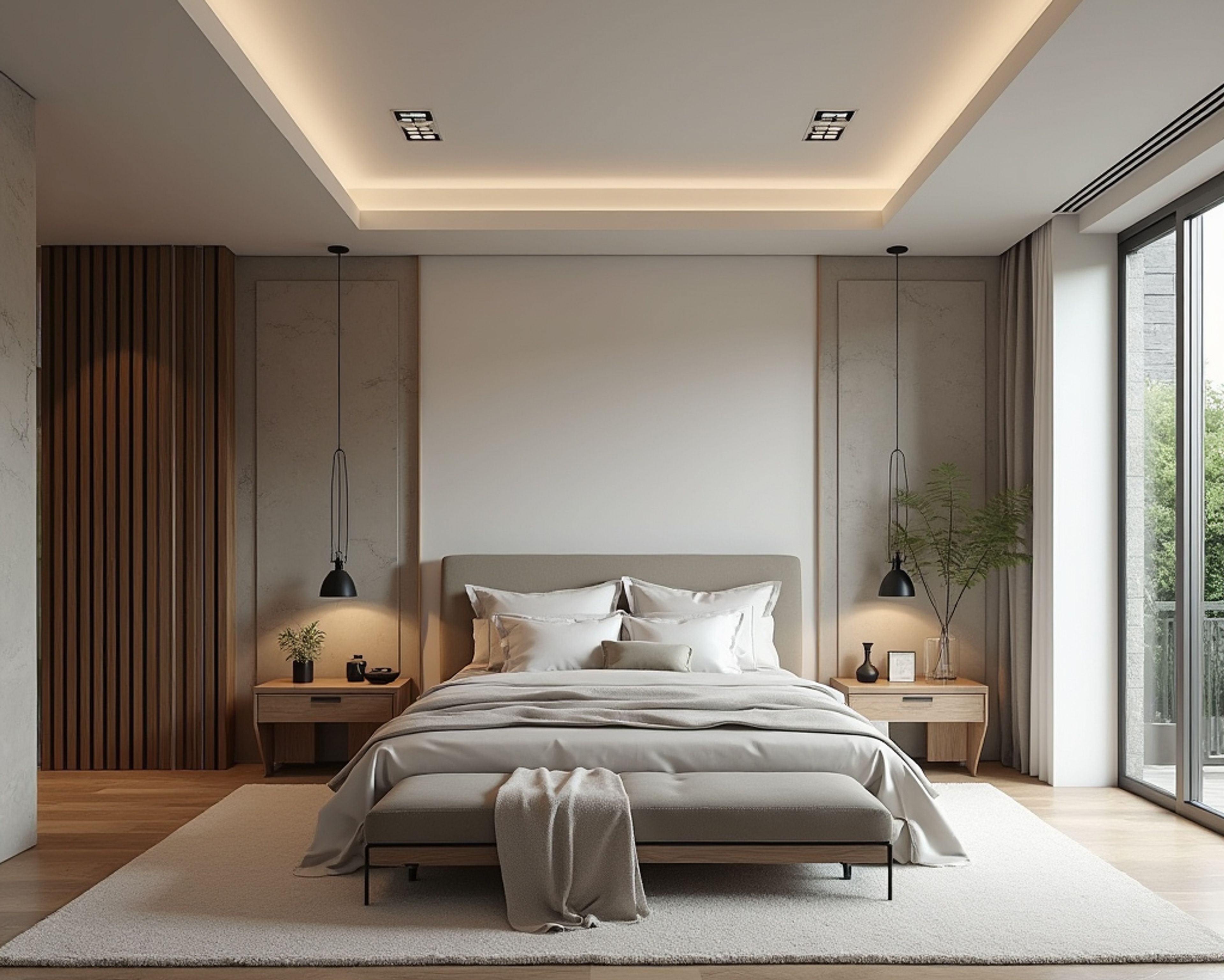 Modern Guest Bedroom Design with Wooden Side Table and Beige Wall