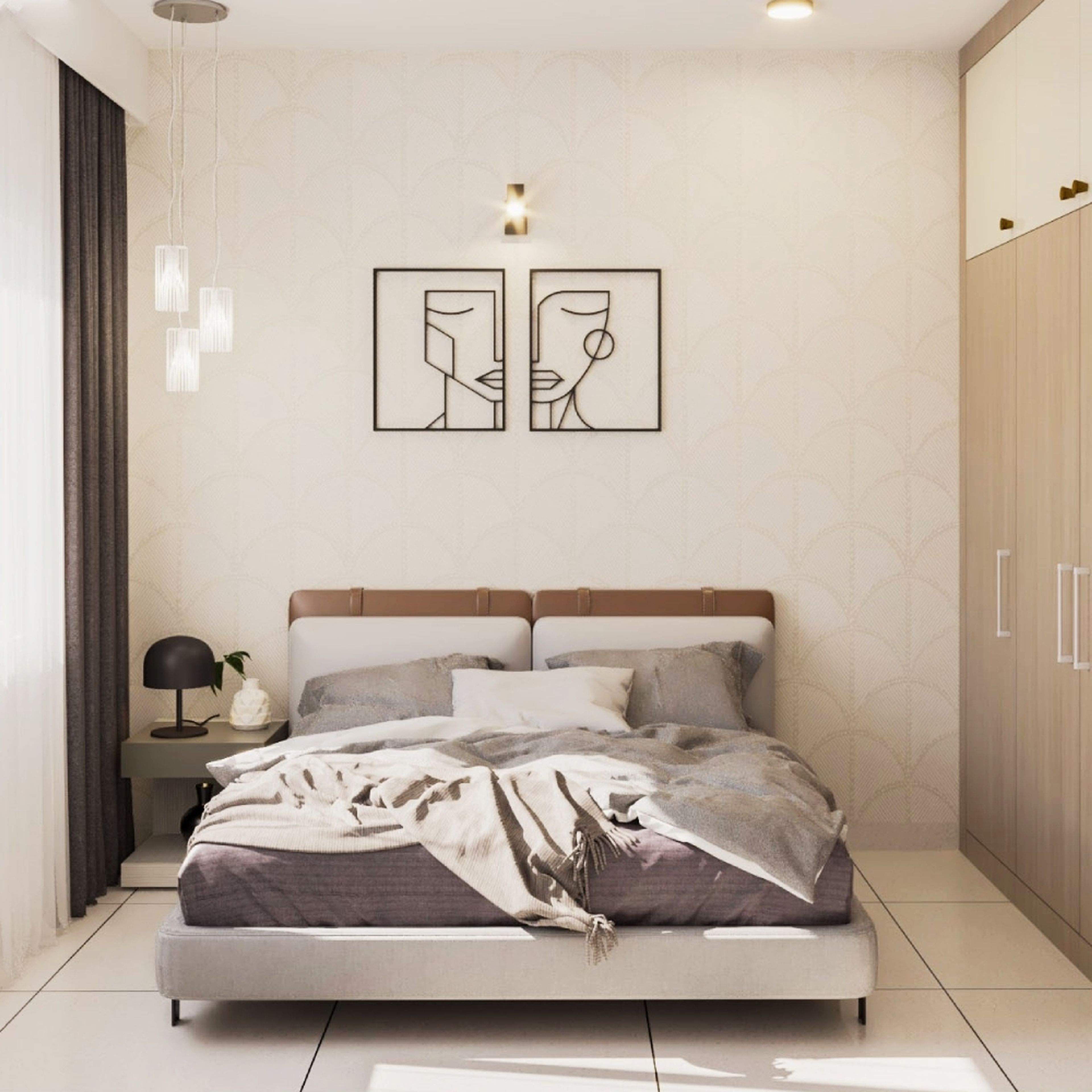 Scandinavian Guest Bedroom Design with Queen Bed and Abstract Art