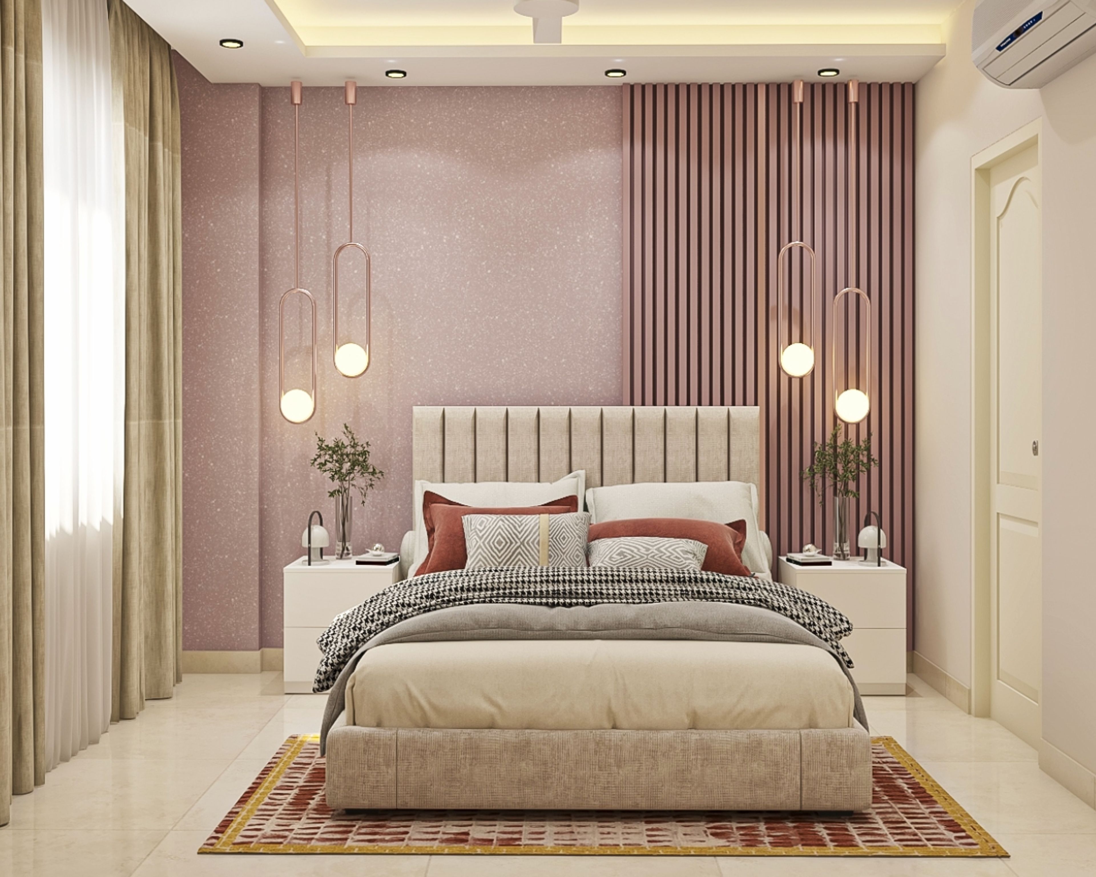 Contemporary Guest Bedroom Design with Pink Textured Wallpaper