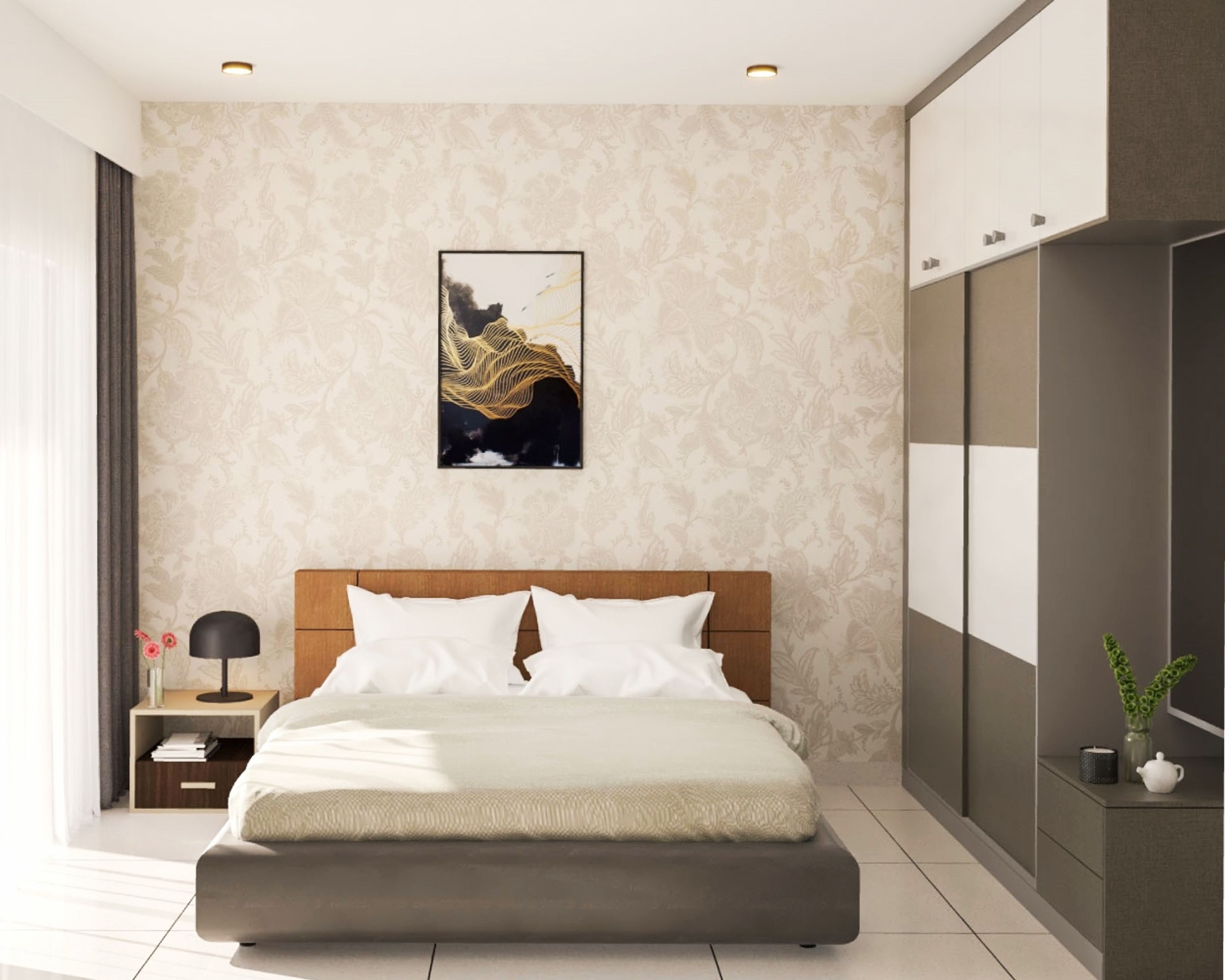 Minimal Guest Bedroom Design with Queen Bed and Floral Wallpaper Accent