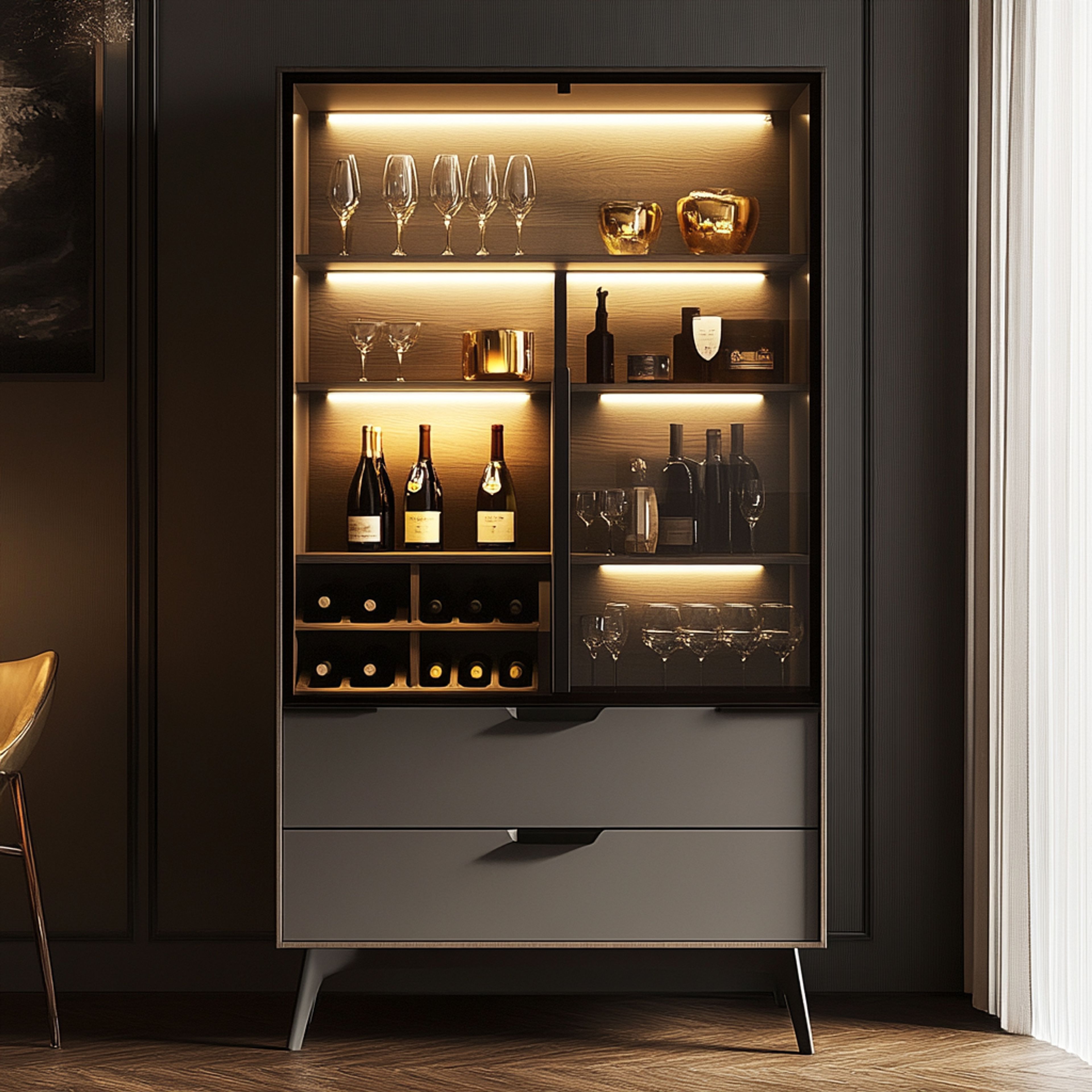 Modern Grey and Wood Home Bar Design with LED Lighting