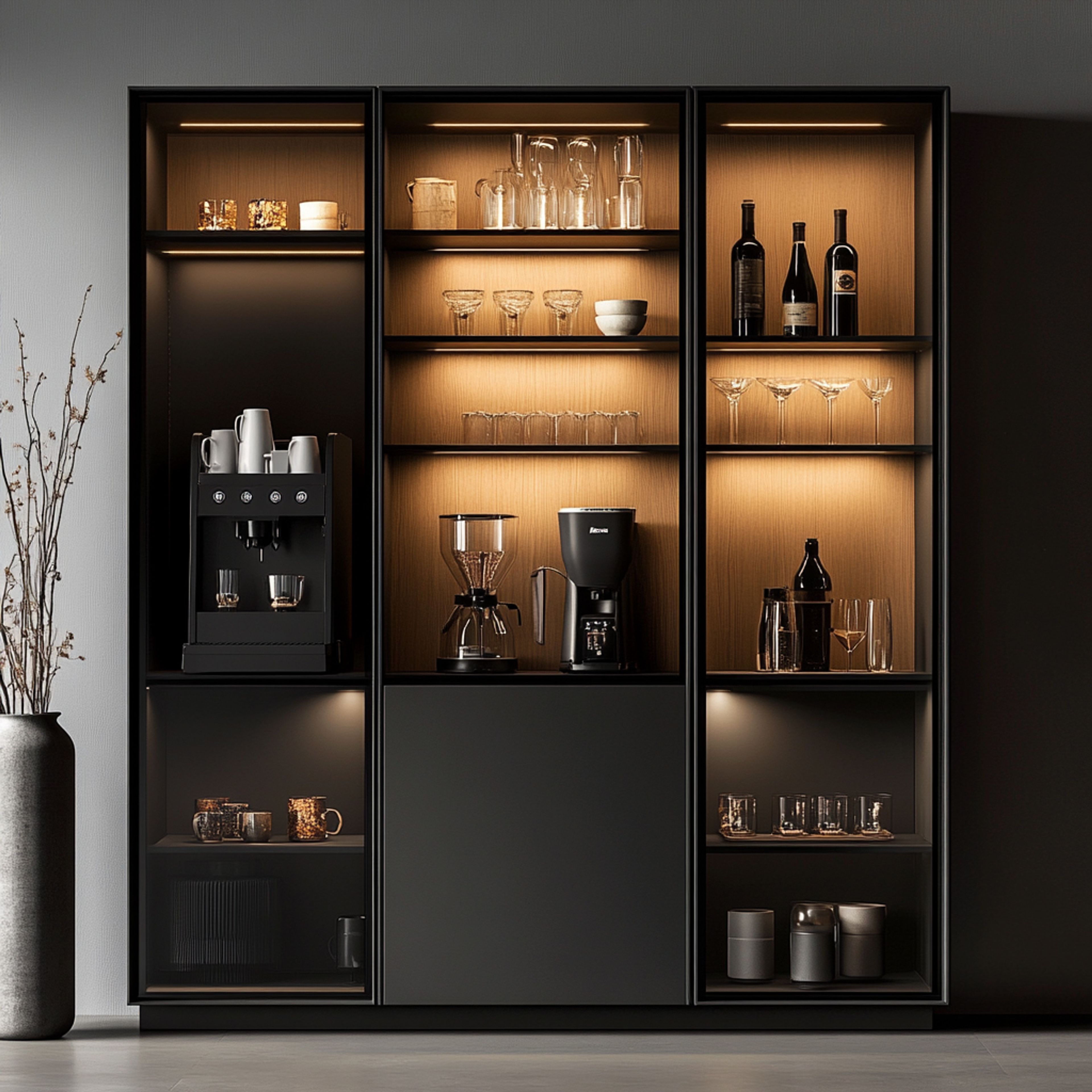 Grey Home Bar Design with Soft Laminate and LED Storage