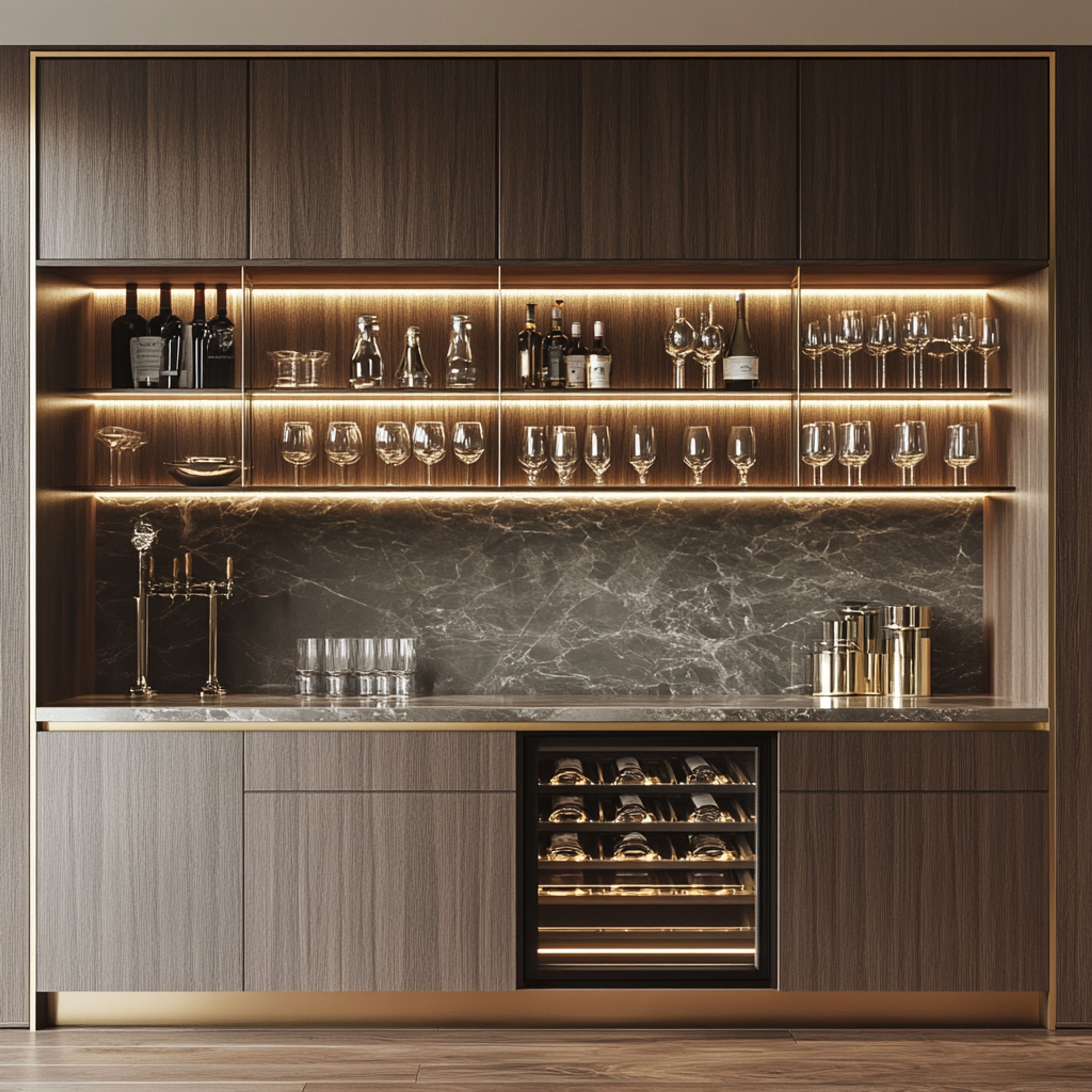 Contemporary Home Bar Design with Built-In Wine Fridge and LED Shelves