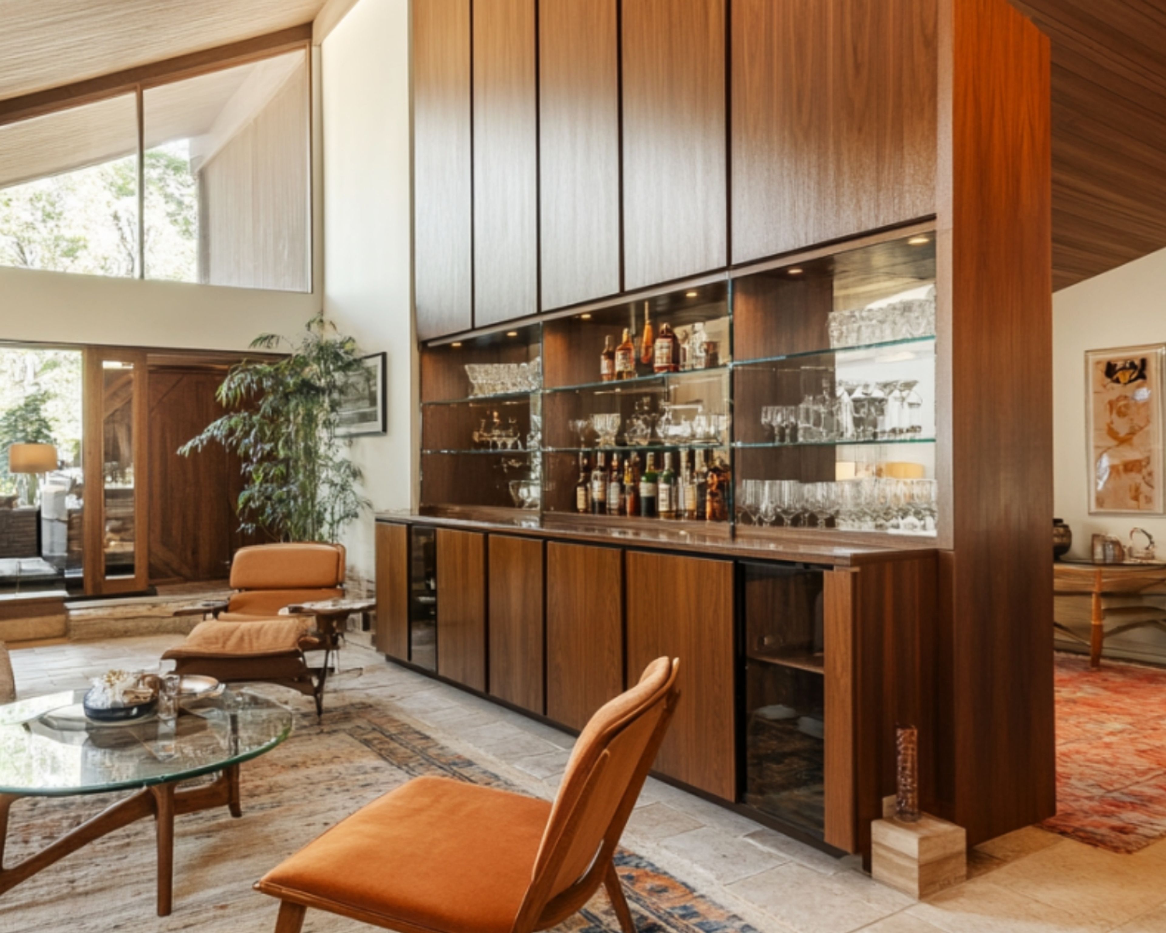 Walnut Bronze Contemporary Home Bar Design with Glass Shelving