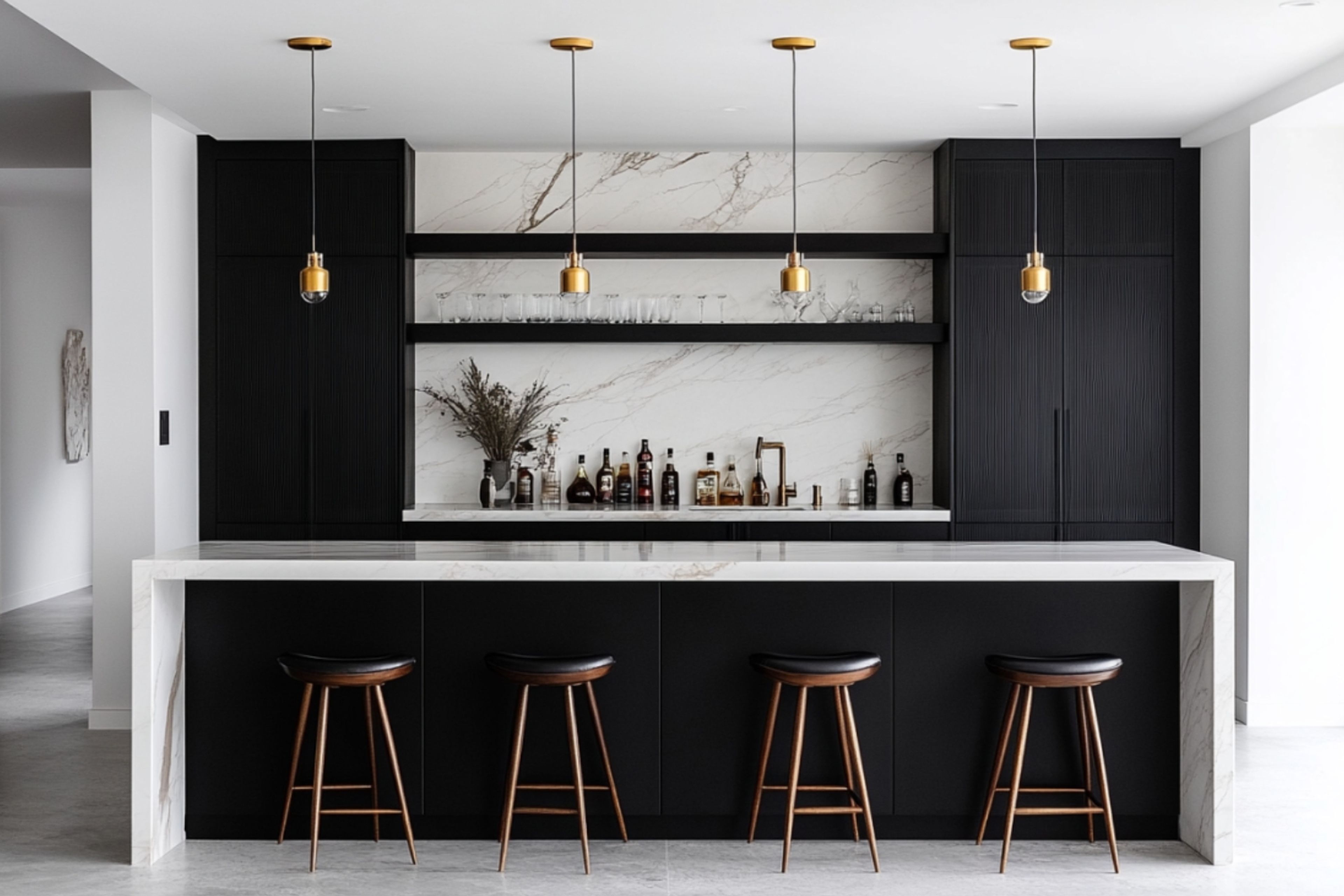 Contemporary Slate Home Bar Design with Open Shelving