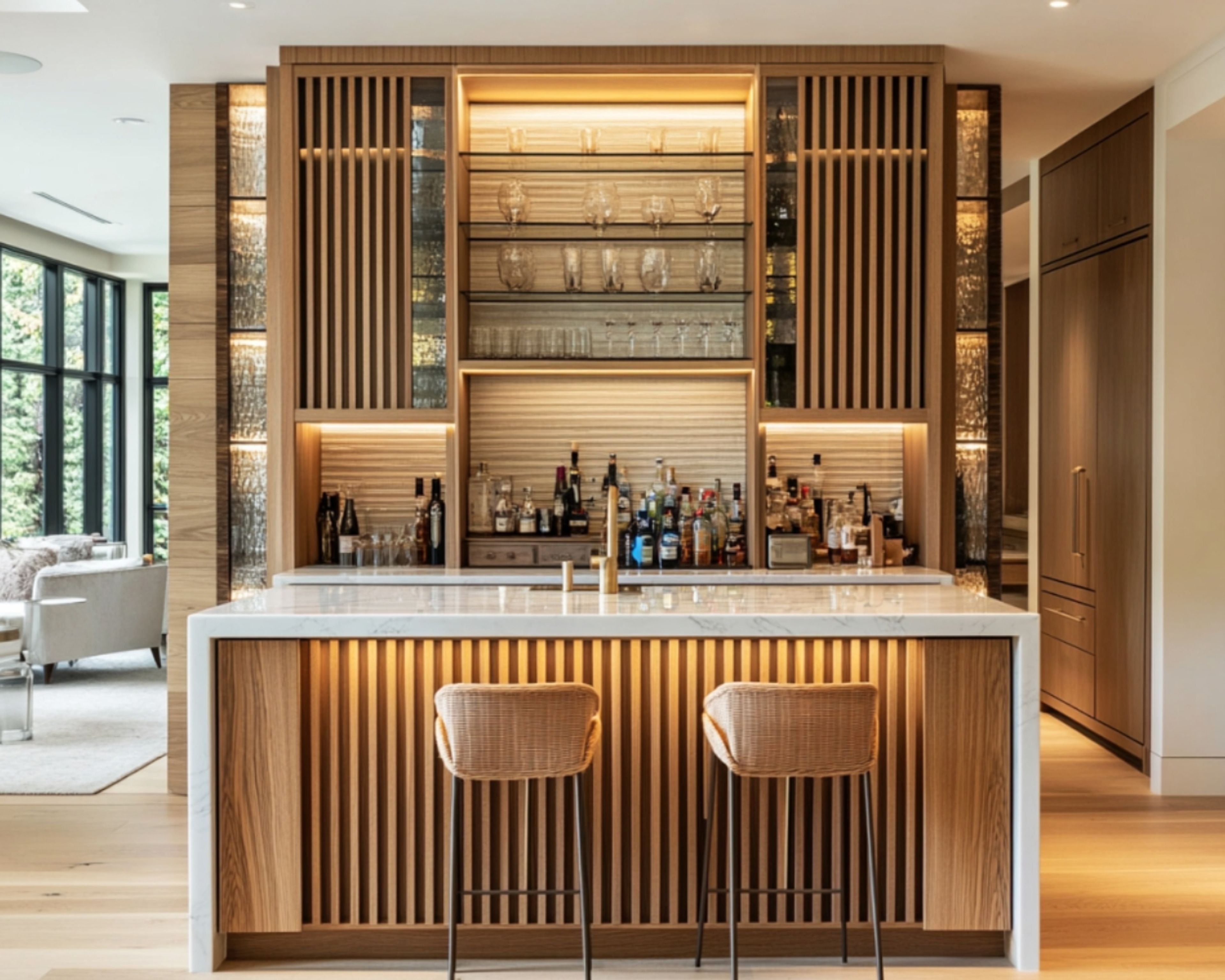 Contemporary Home Bar Design with Wood and Glass Shelving