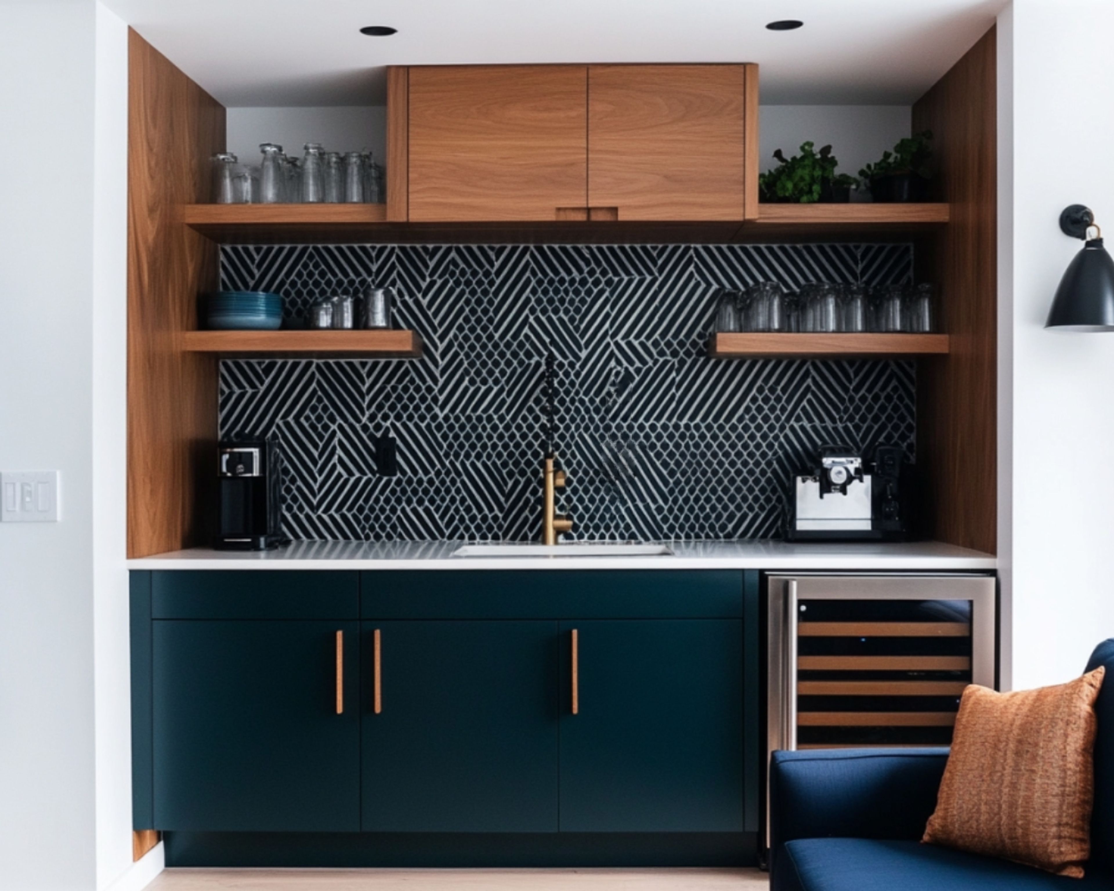 Modern Home Bar Design with Shore and Walnut Finishes