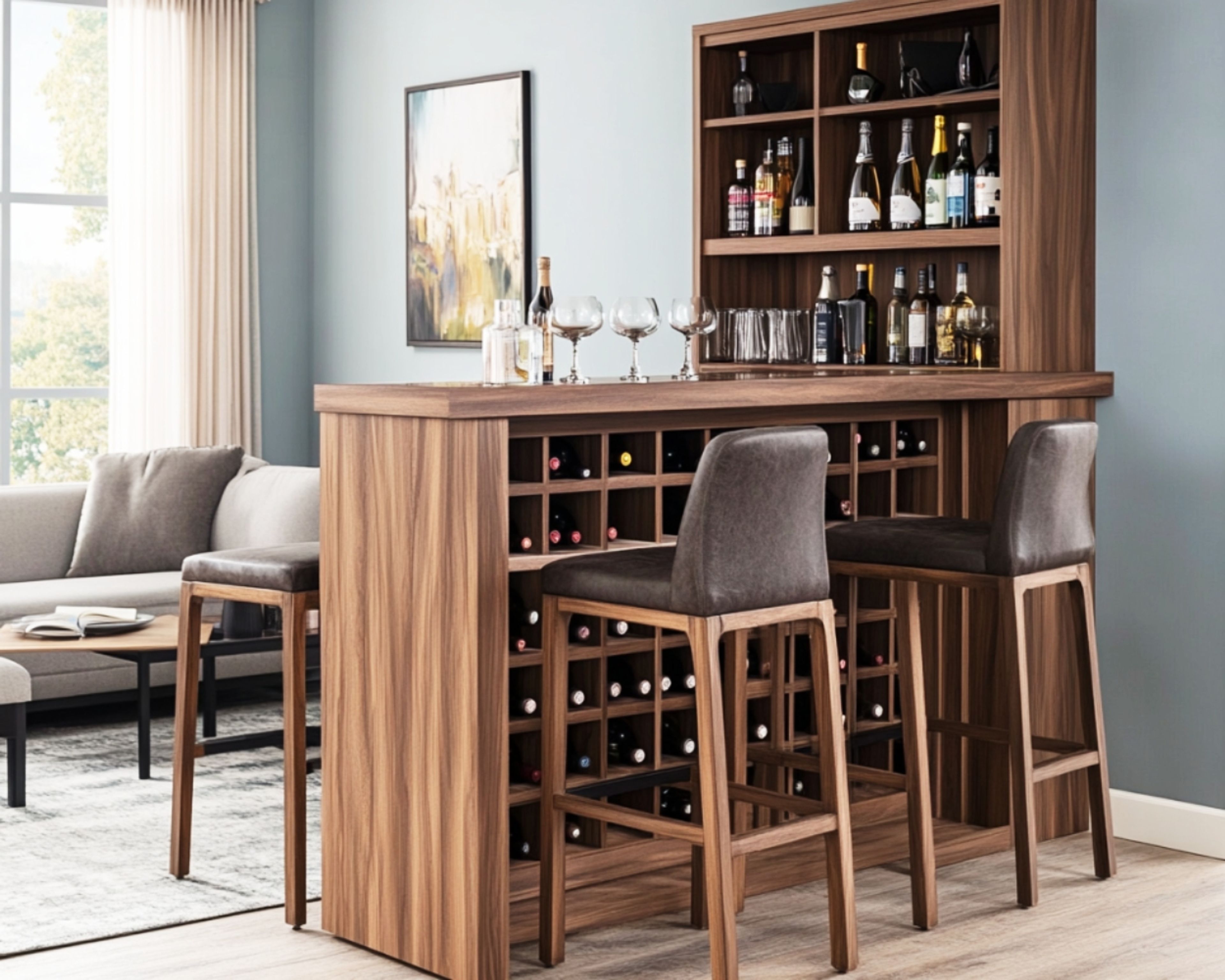 Bar Counter Design with Built-In Wine Storage and Shelving