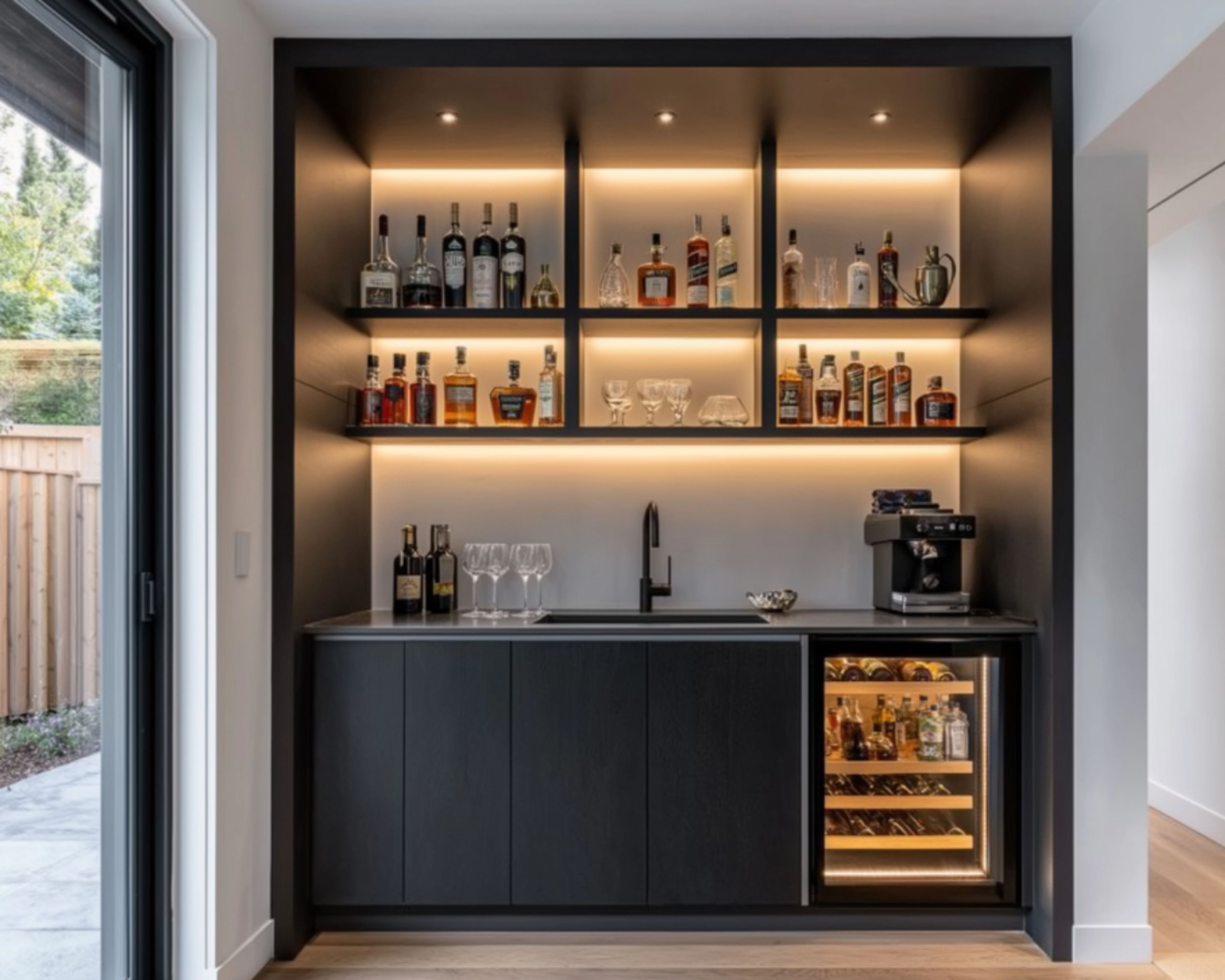 Modern Walnut Home Bar Design with Wine Cooler and Display Shelves