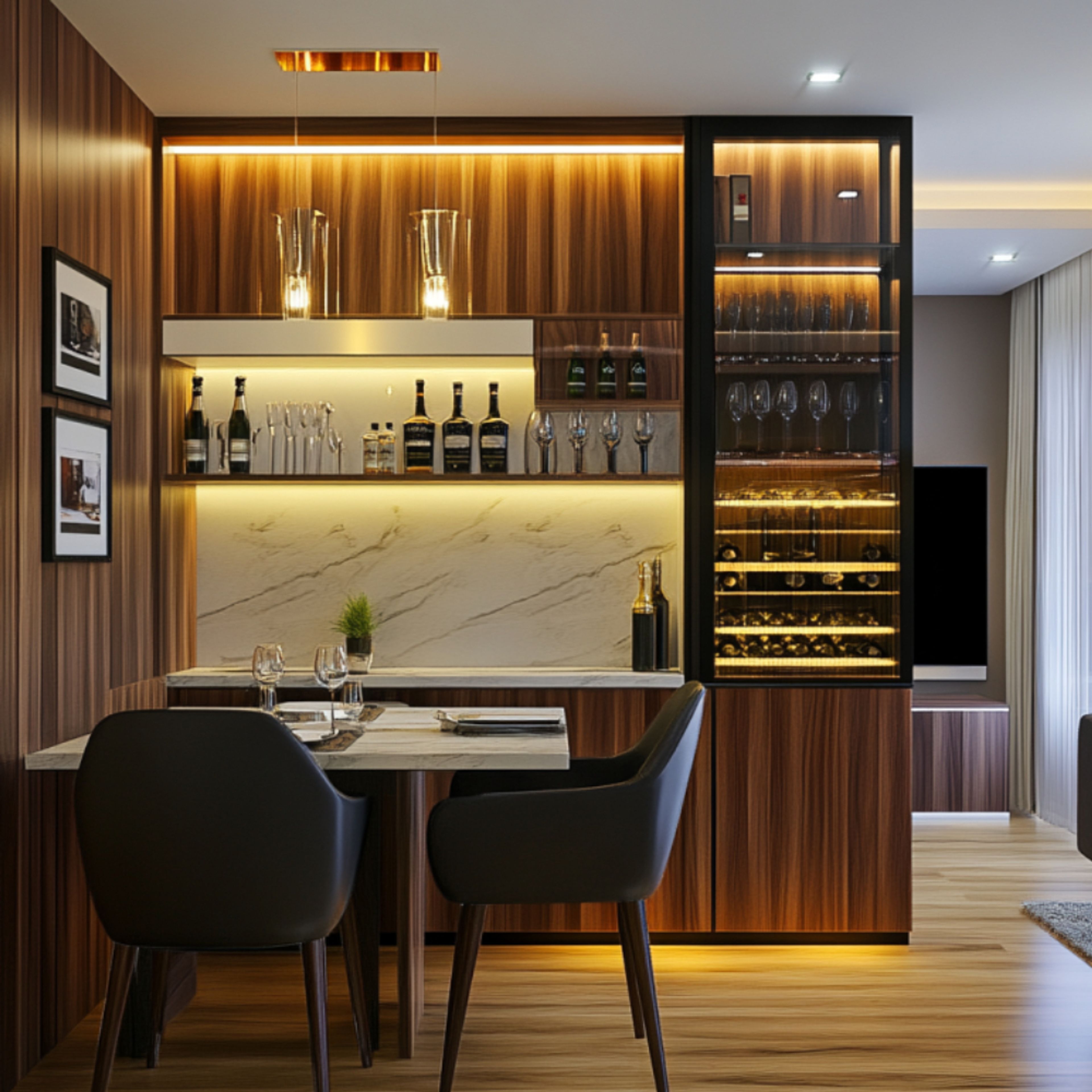 Modern Home Bar Design with Glass Cabinets