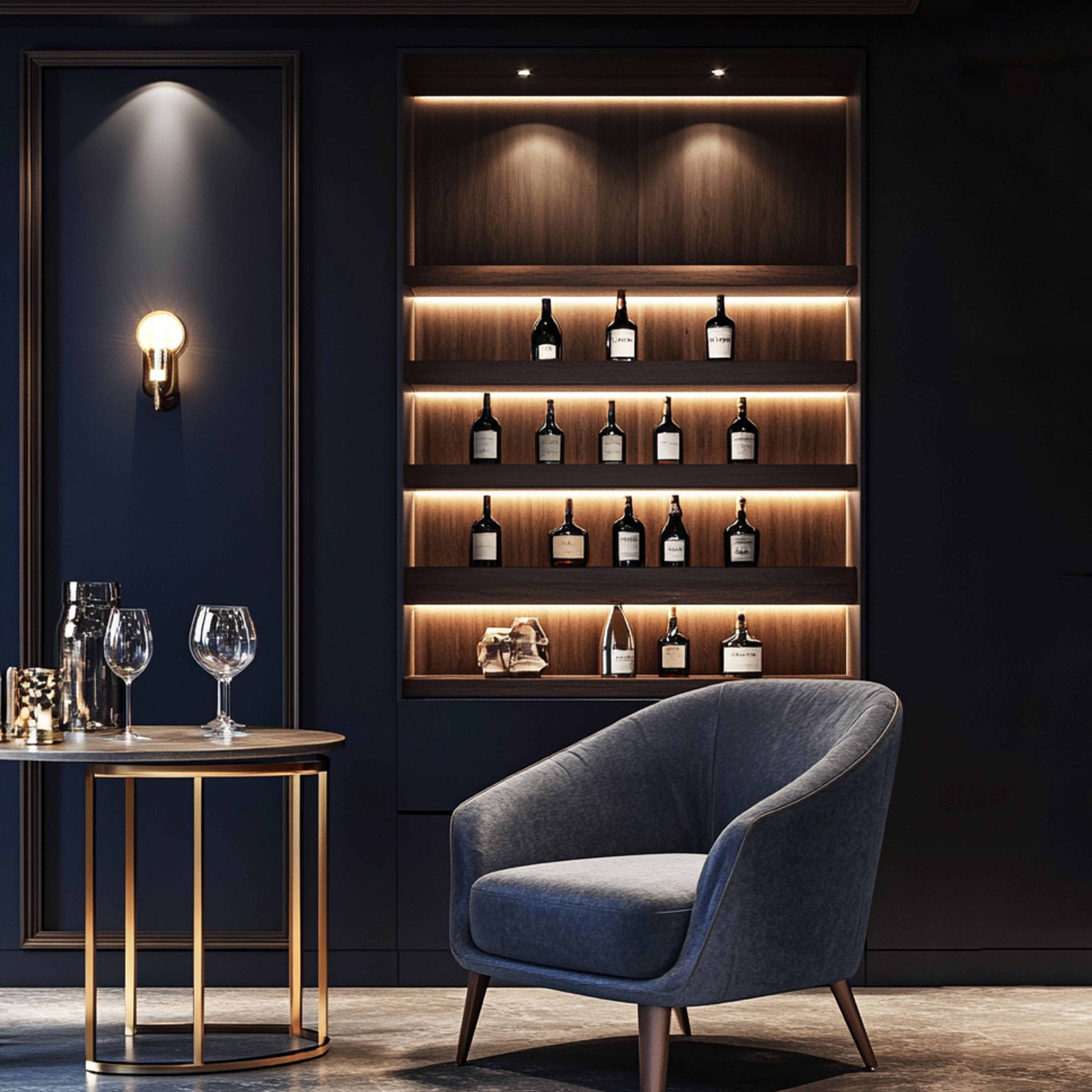 Home Bar Design with Suede Laminate and LED Shelves