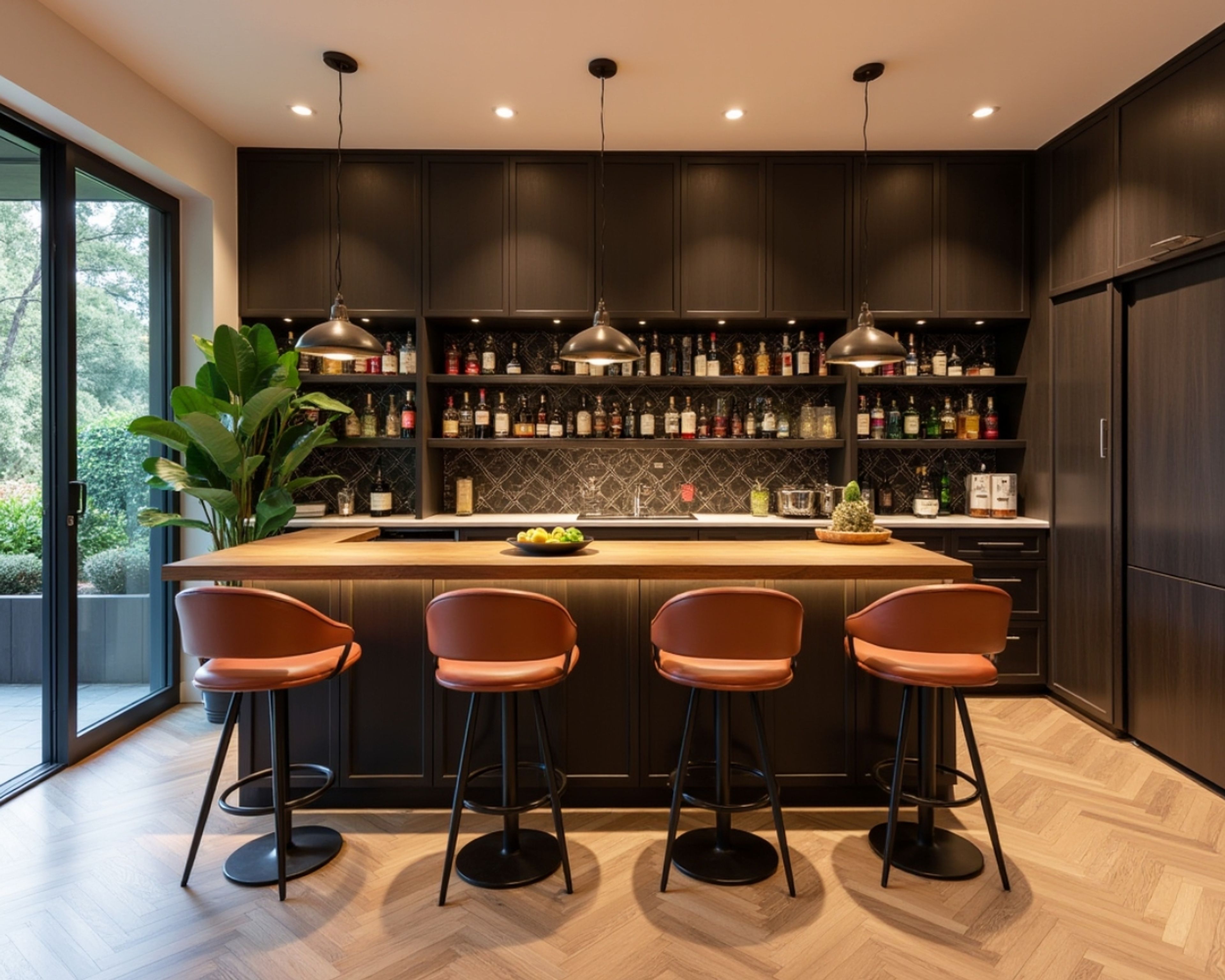 Modern Home Bar Design with Walnut Finish
