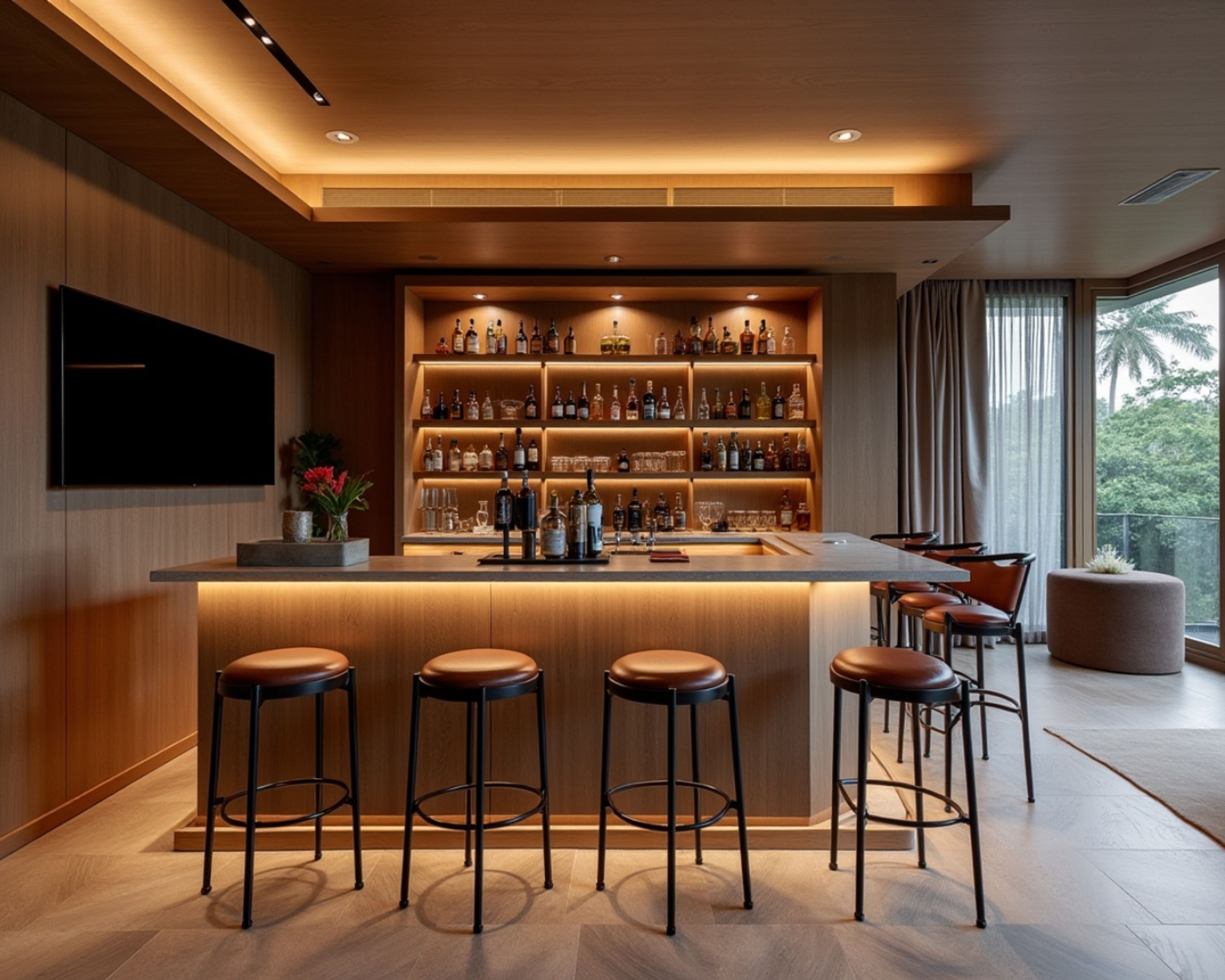 Modern Walnut Bronze Home Bar Design with Suede Laminate Finish