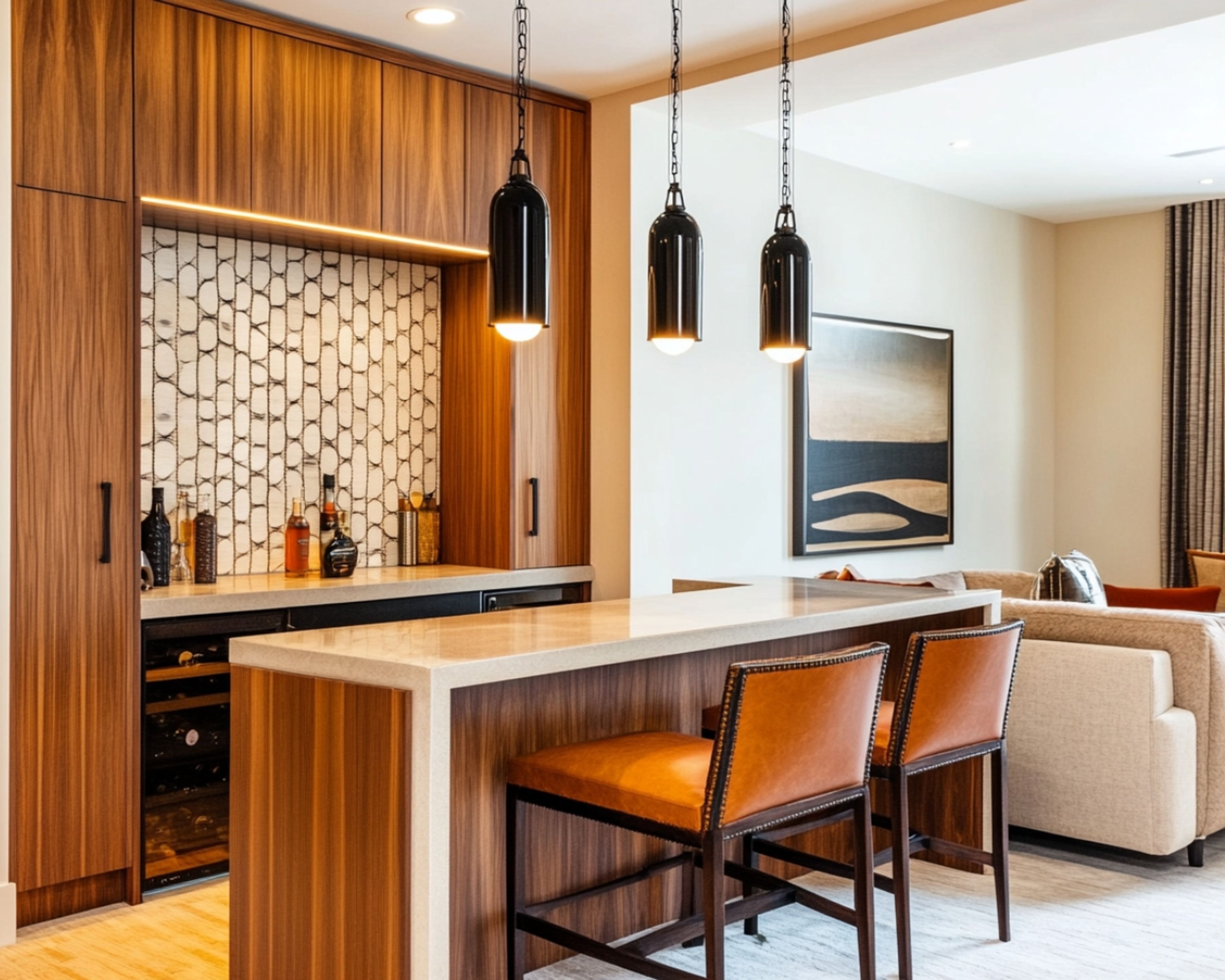 Modern Home Bar Design with Walnut and Suede Finish