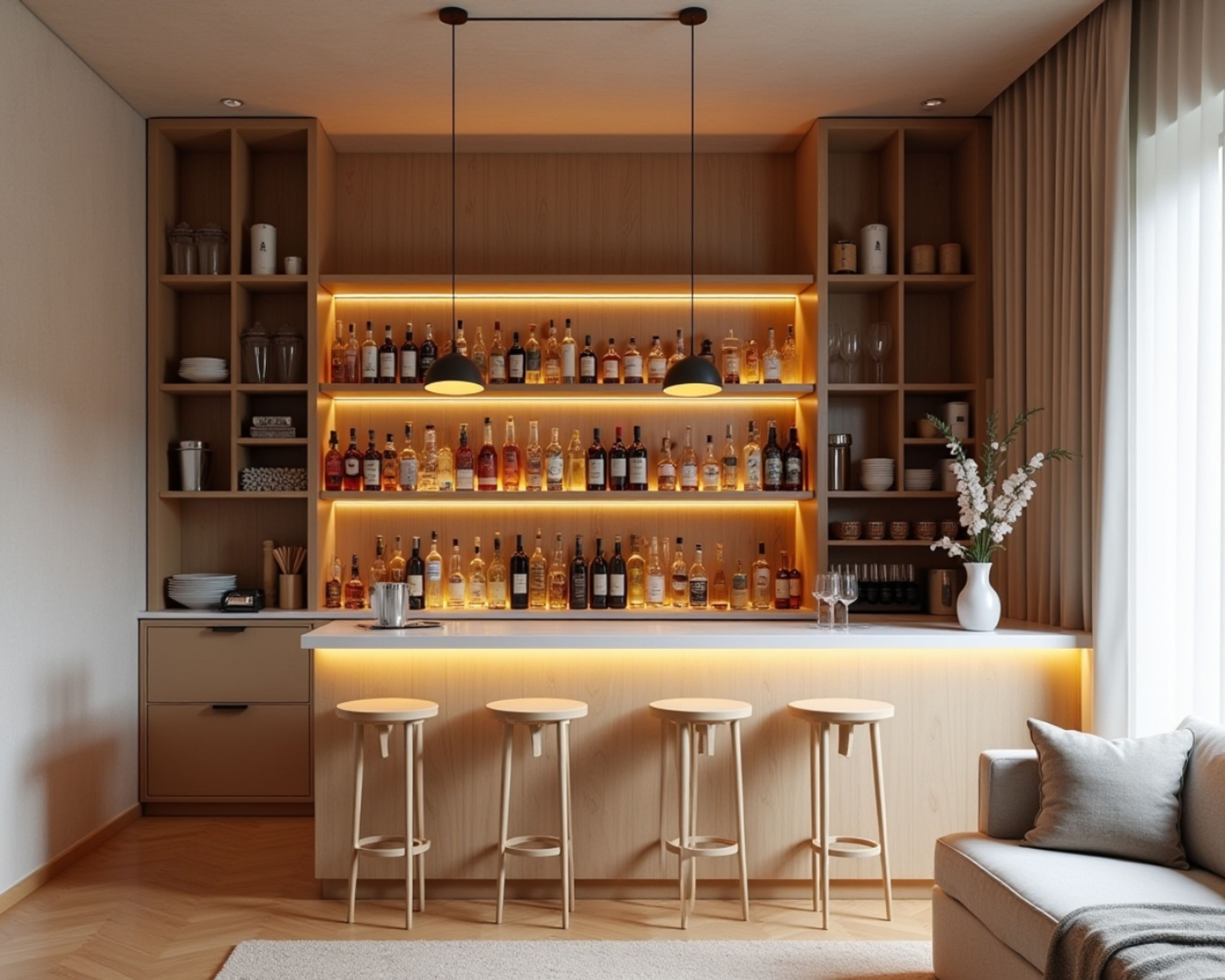 Modern Home Bar Design with Caven Holz Acacia and Irish Cream Finish