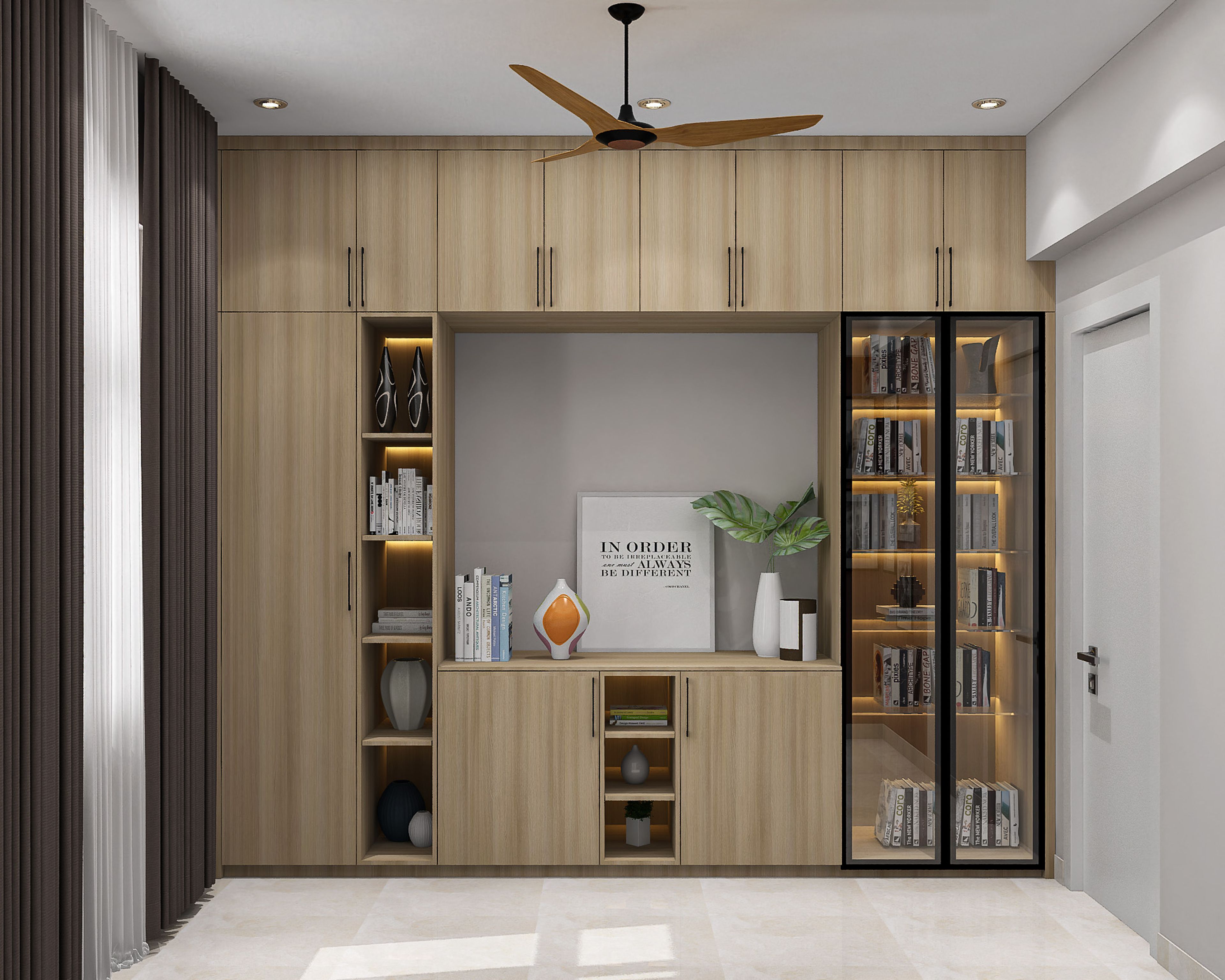 Modern Home Office Design with Acacia Finish and Glass Display Cabinet