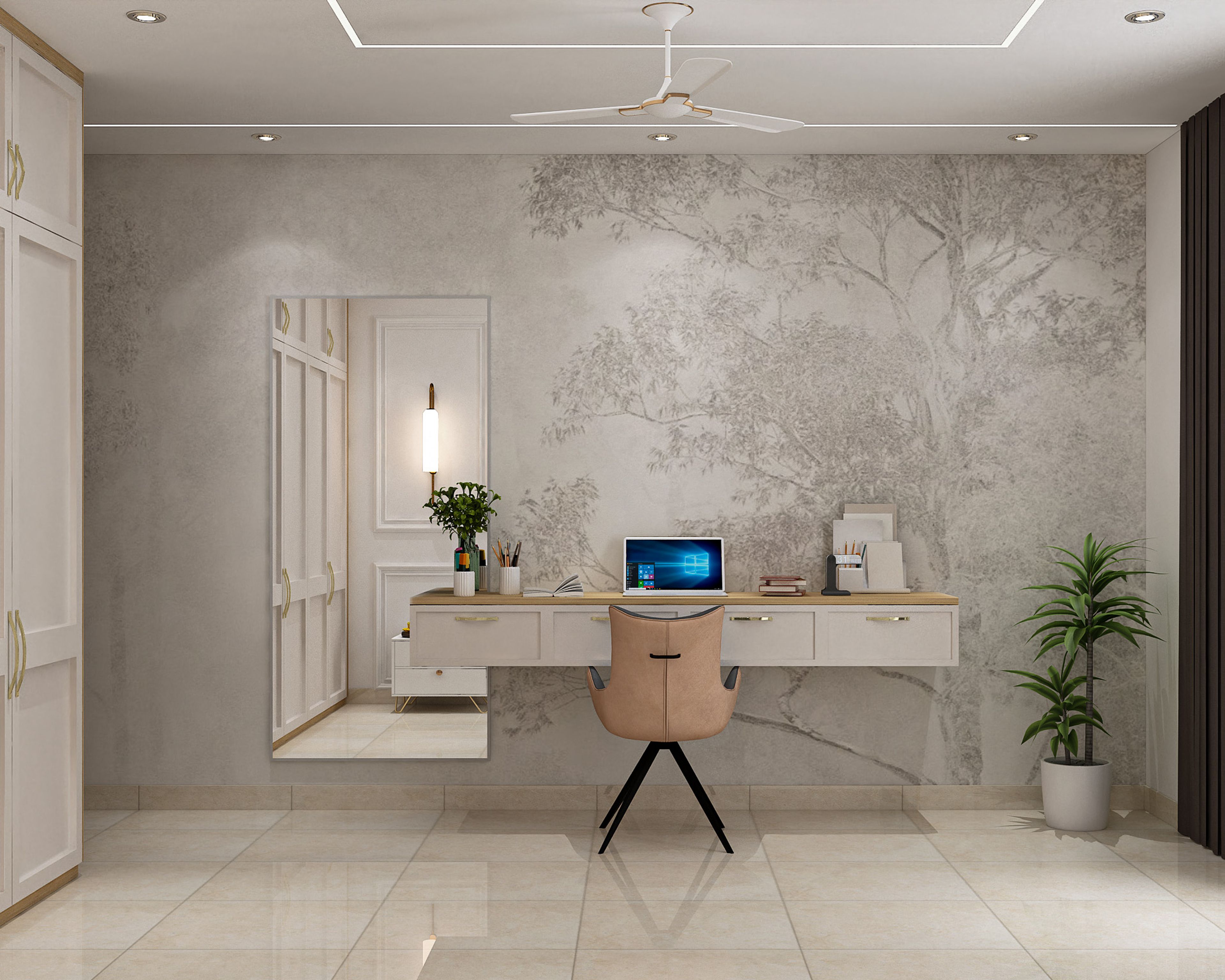 Classic Home Office Design with Floating Desk and Built-in Wardrobe