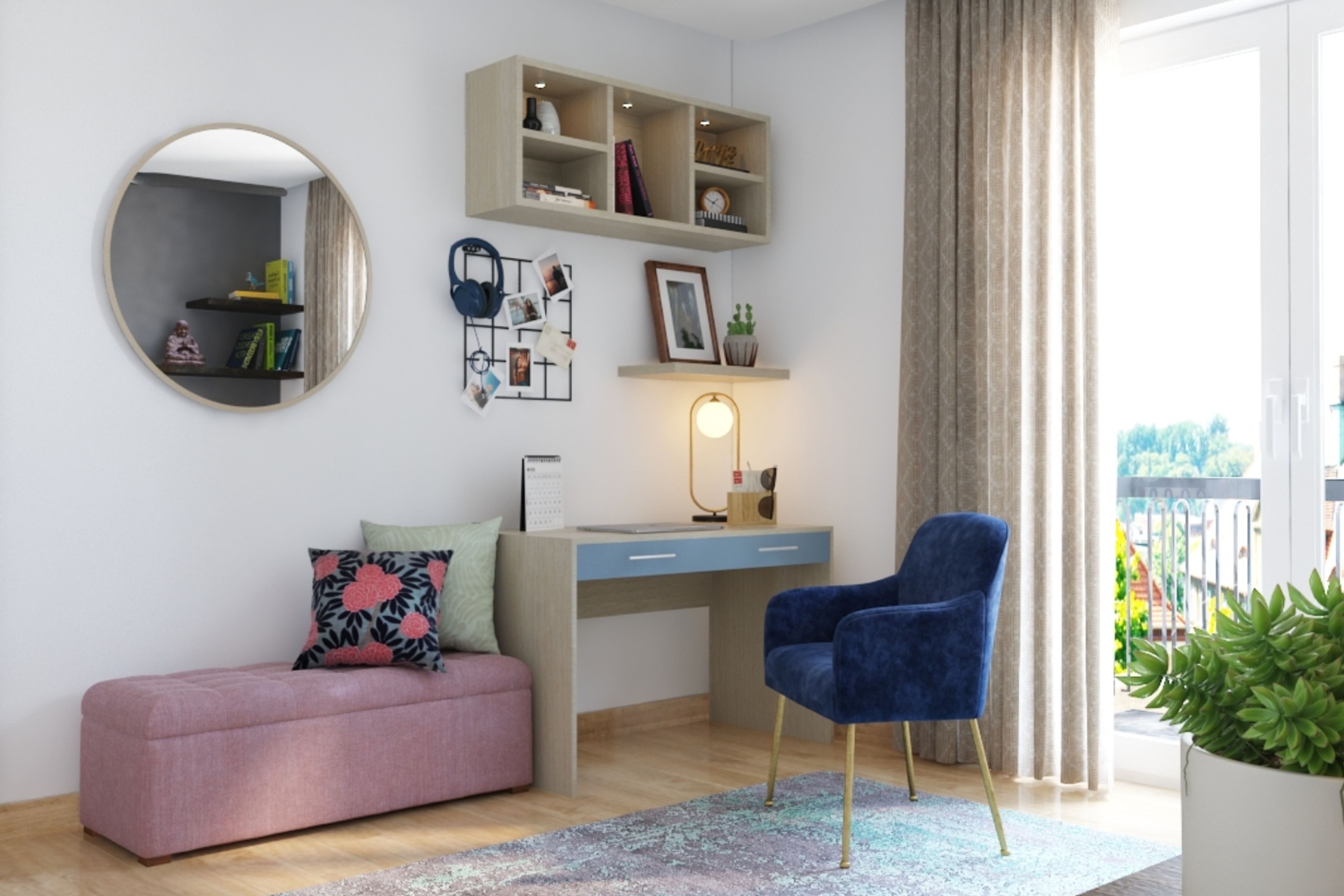 Modern Home Office Design with Acacia and Blue Accents