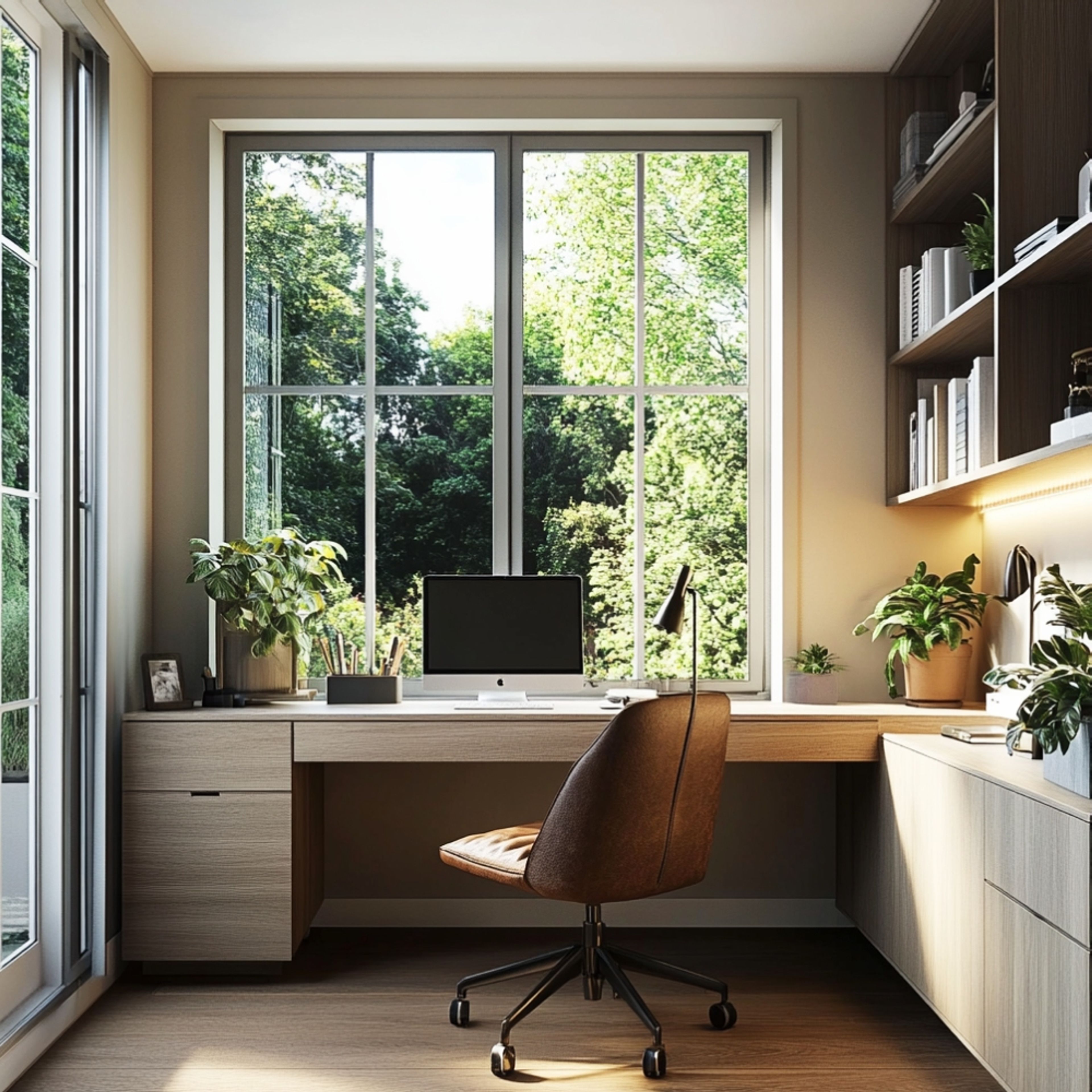 Mid-Century Modern Home Office Design with L-Shape Desk