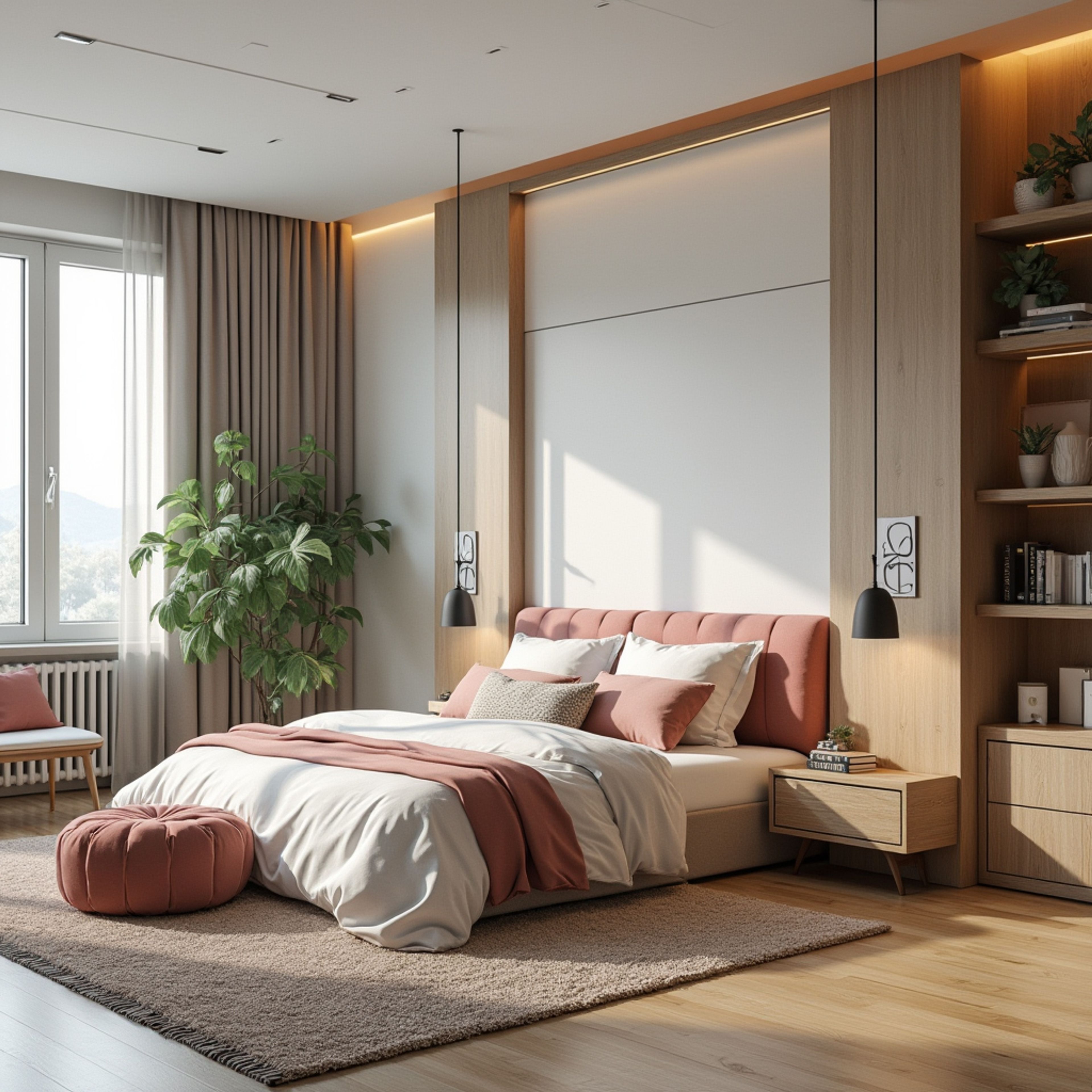 Contemporary Teen Bedroom Design with Blush Pink Pouf and Queen Size Bed