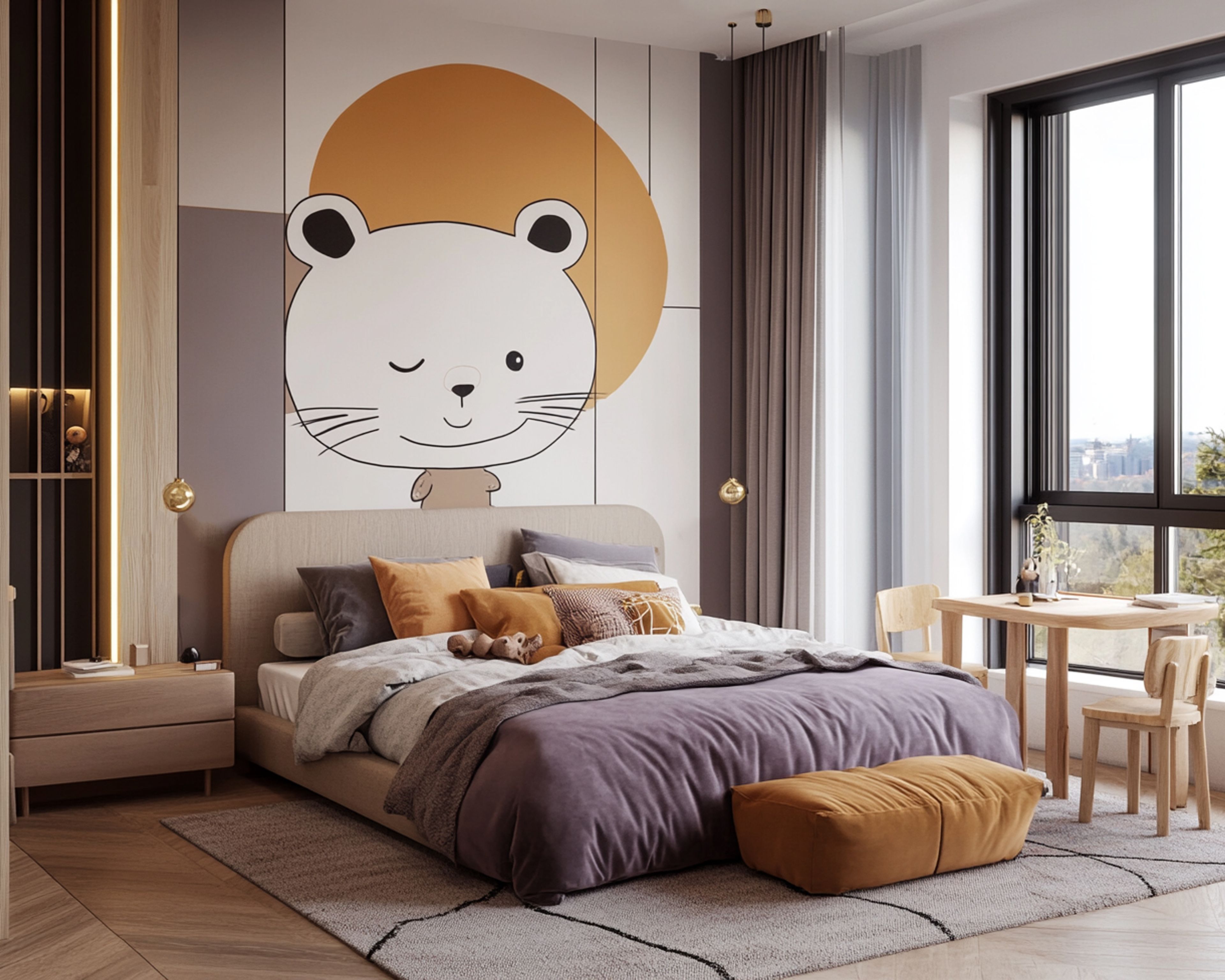 Modern Kids Bedroom Design with Low-Profile Upholstered Bed