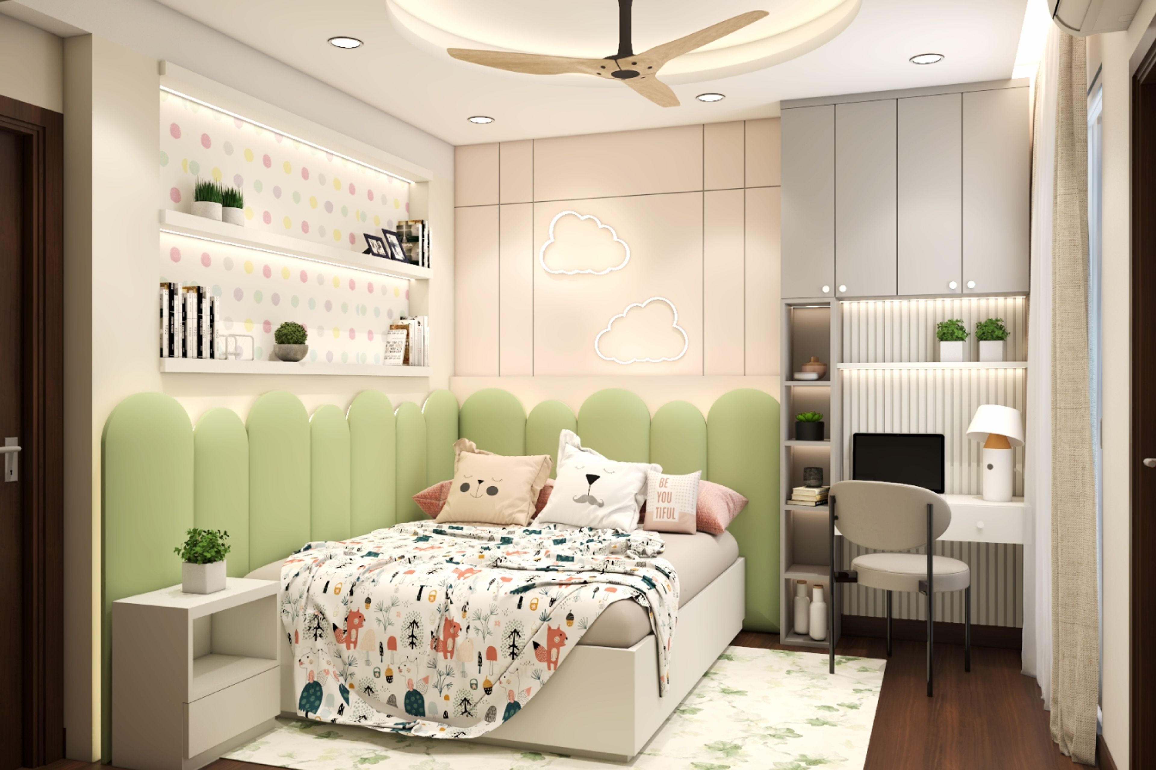 Kids Bedroom Design with Soft Pastel Green Bed