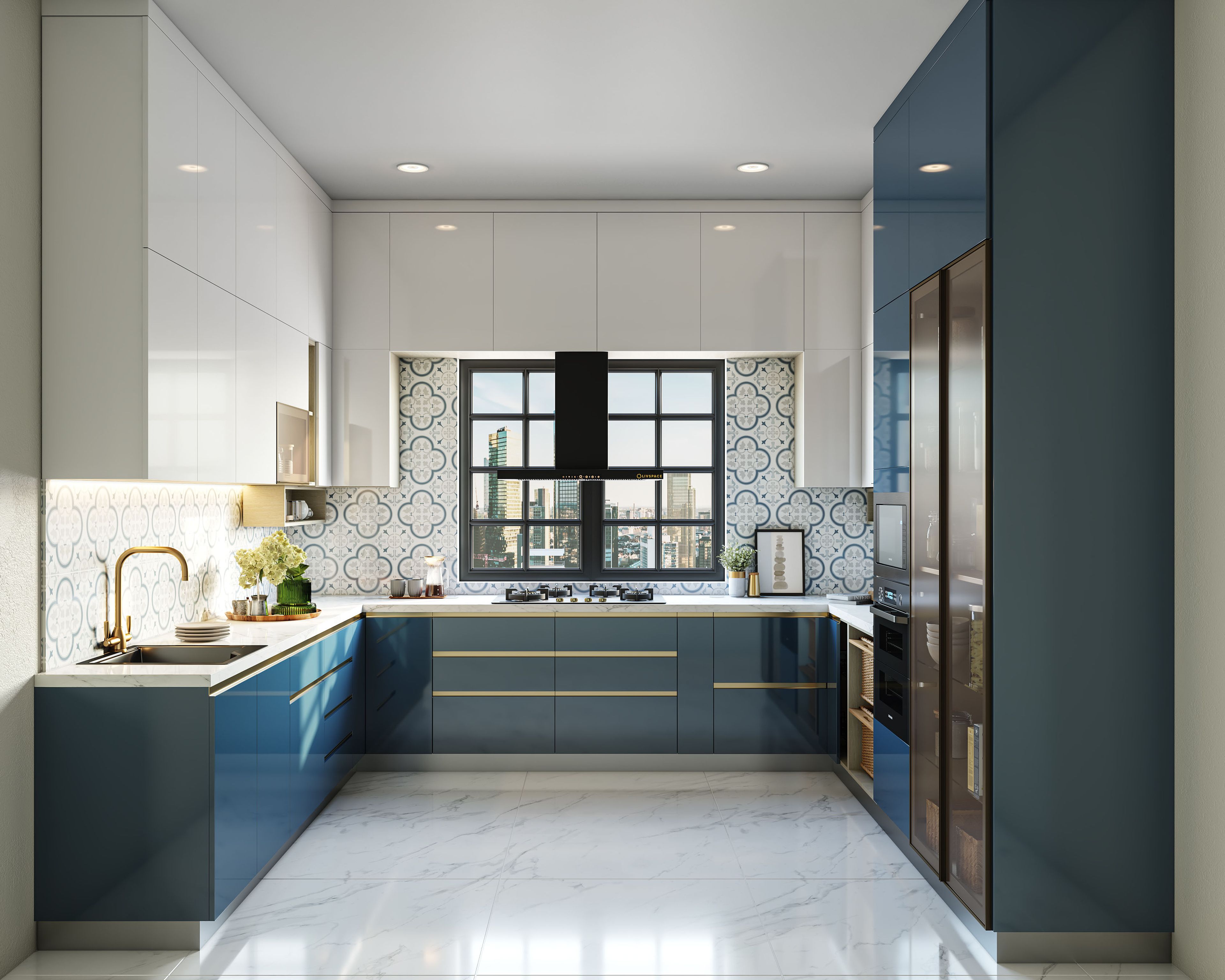 Contemporary U-Shaped Kitchen Design with Blue and White Units