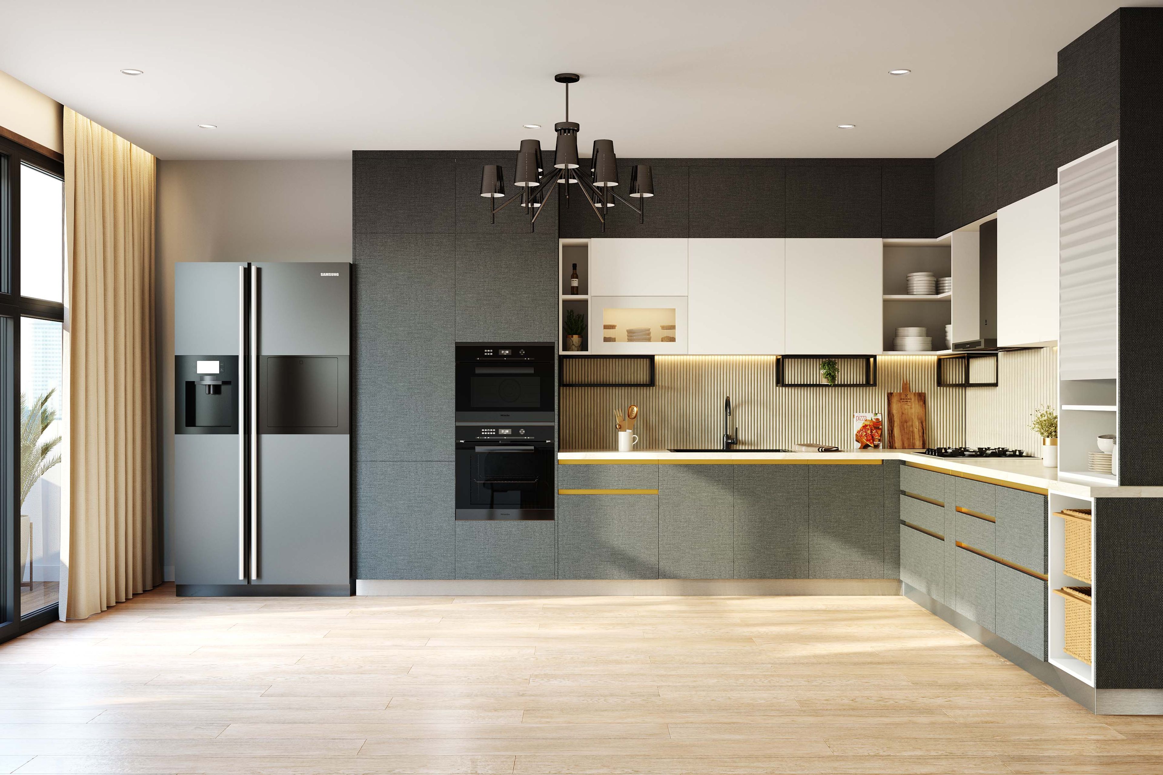 L-Shaped Kitchen Design with Grey and White Units