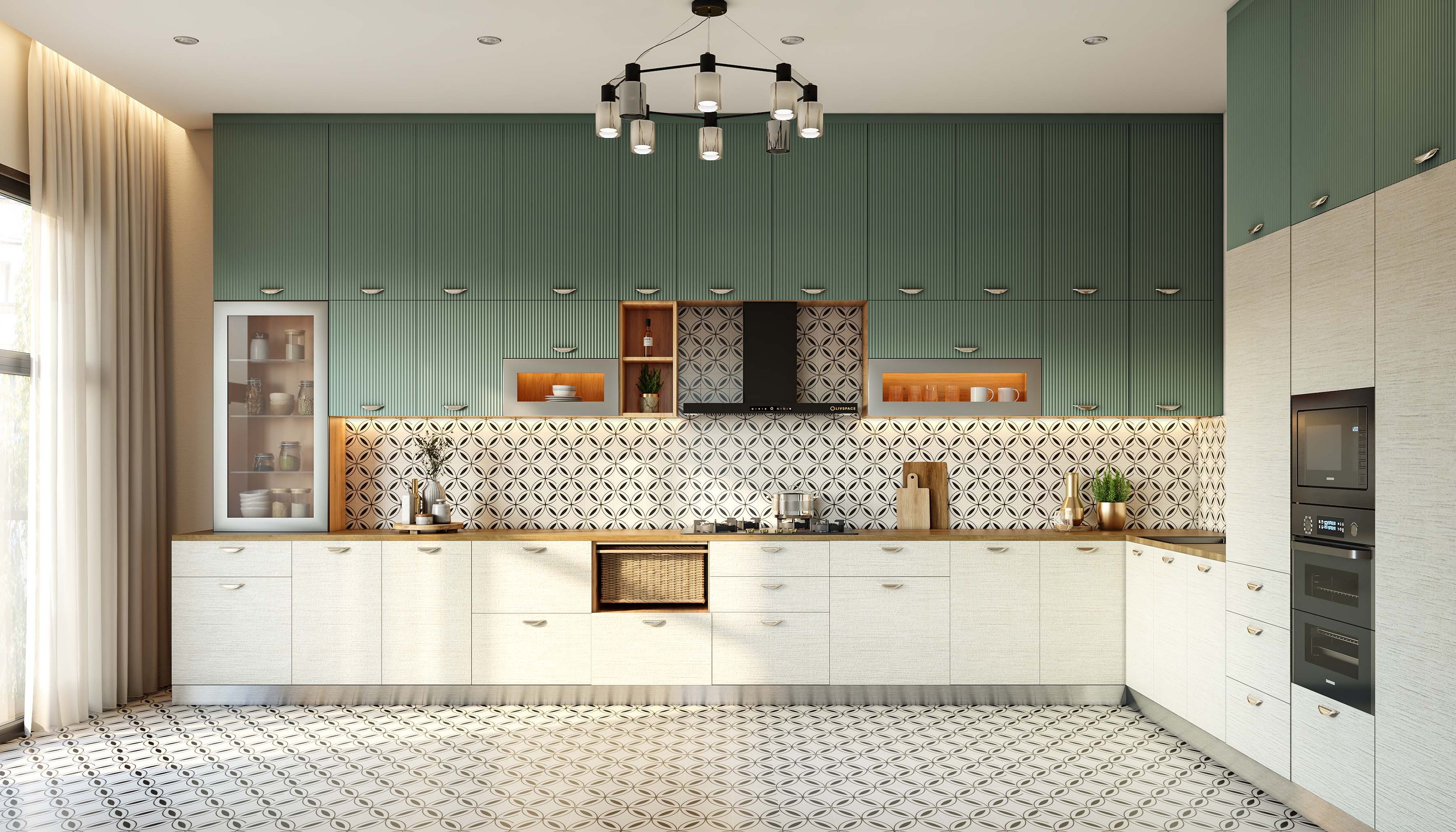U-Shaped Kitchen Design with Green and Beige Units