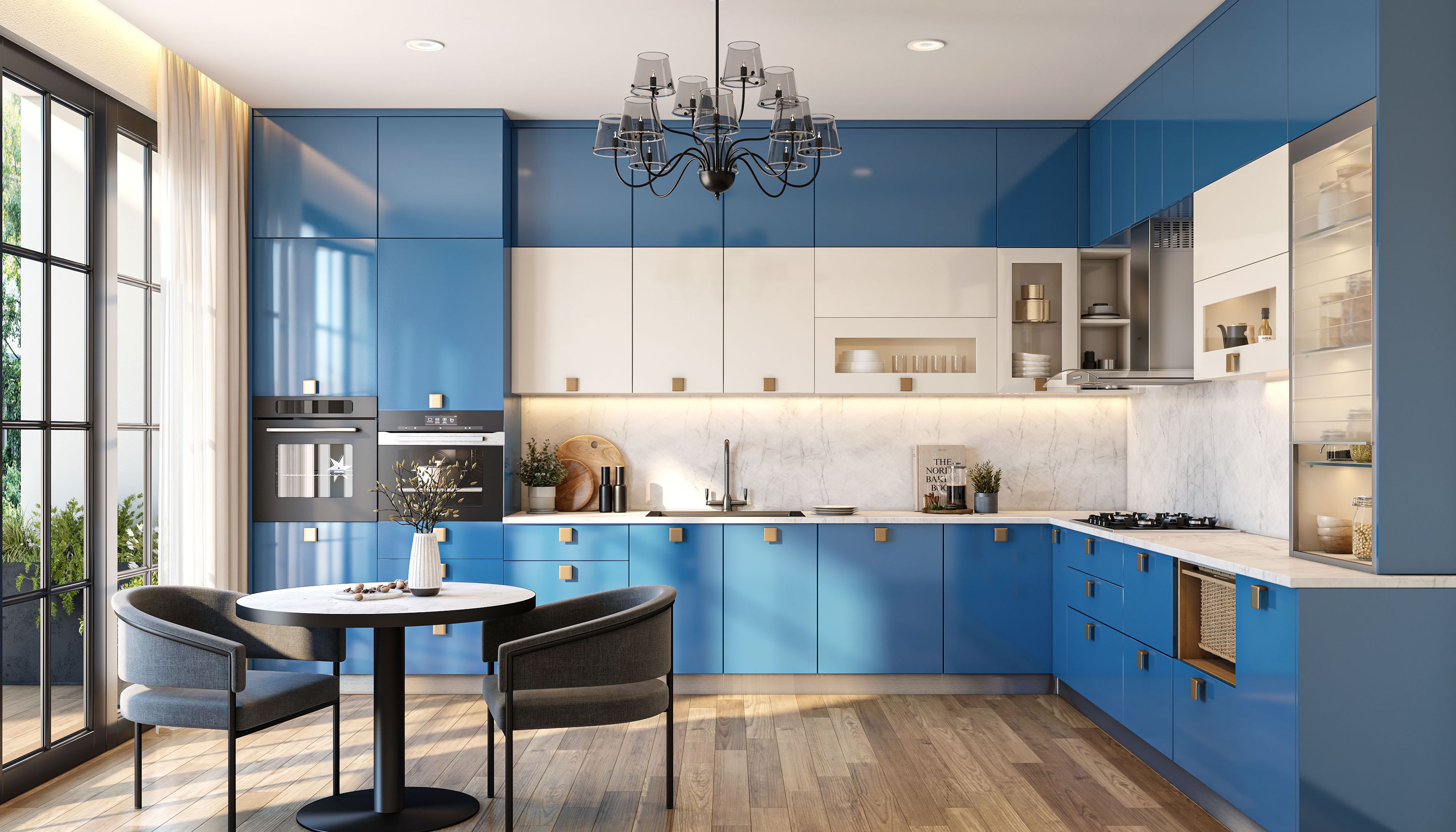 Contemporary L-Shaped Kitchen Design with Blue and White Finishes