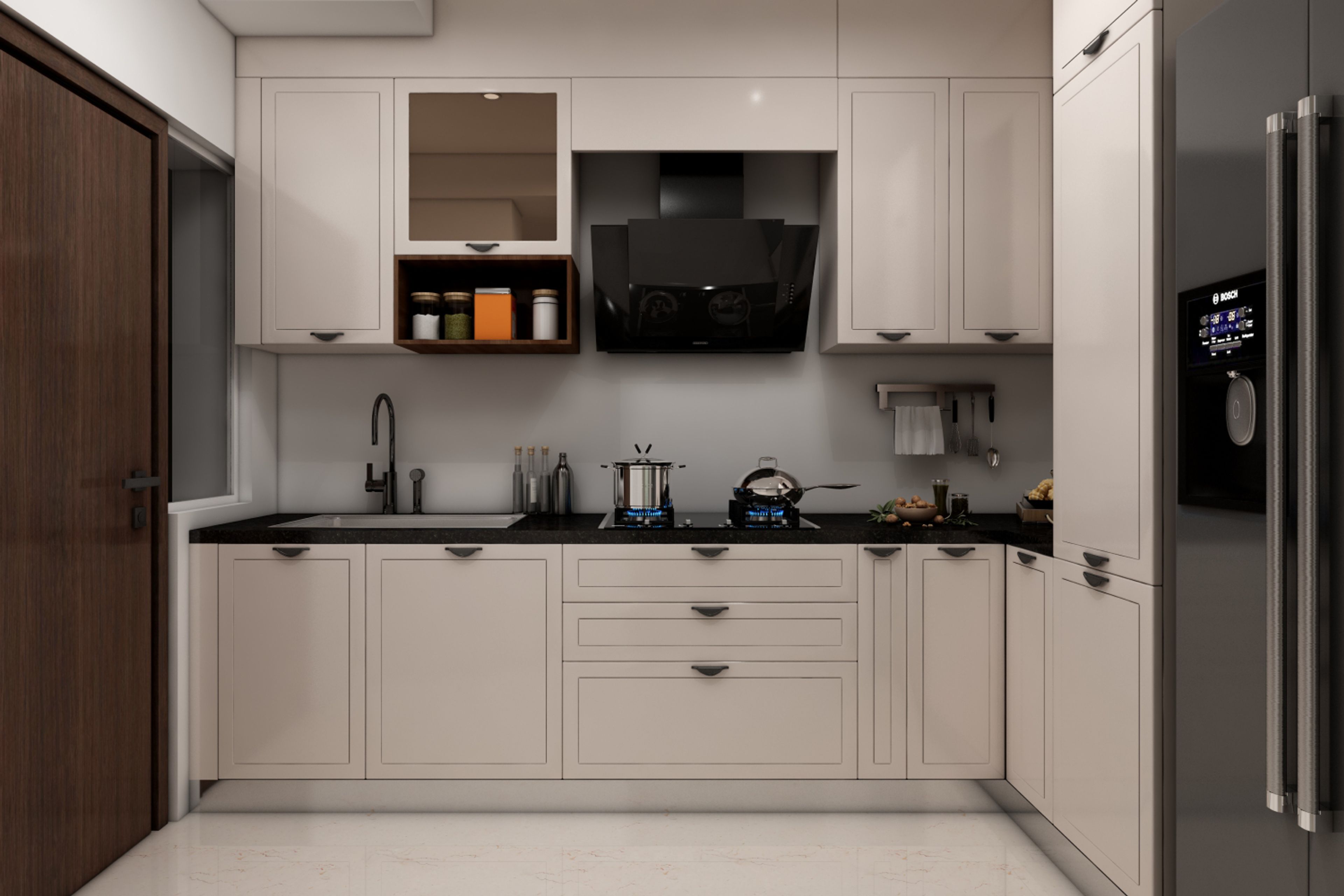 Modern Open Kitchen Design with Granite Countertop and Exhaust Hood