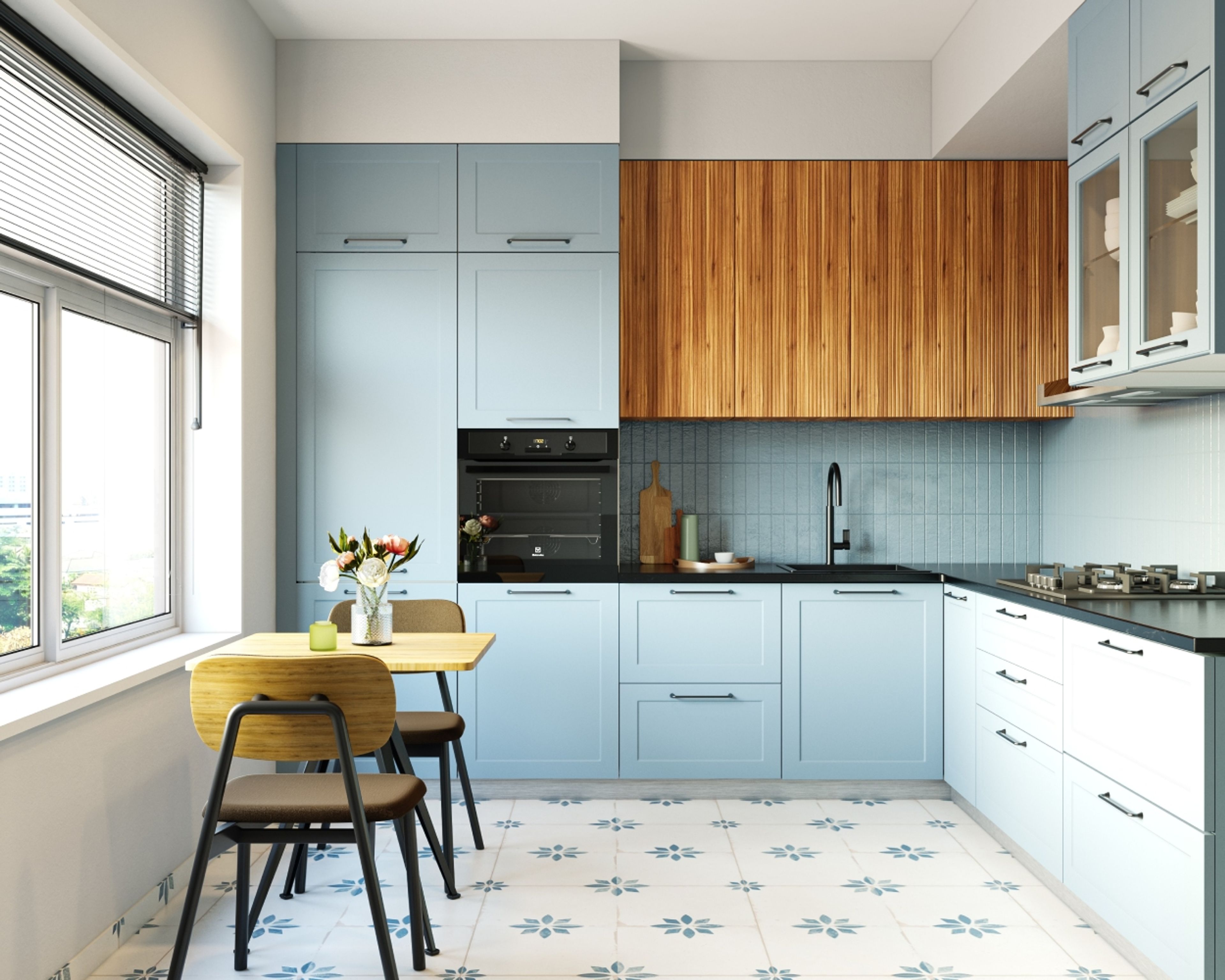 Contemporary L-Shaped Kitchen Design with Denim and Walnut Finish