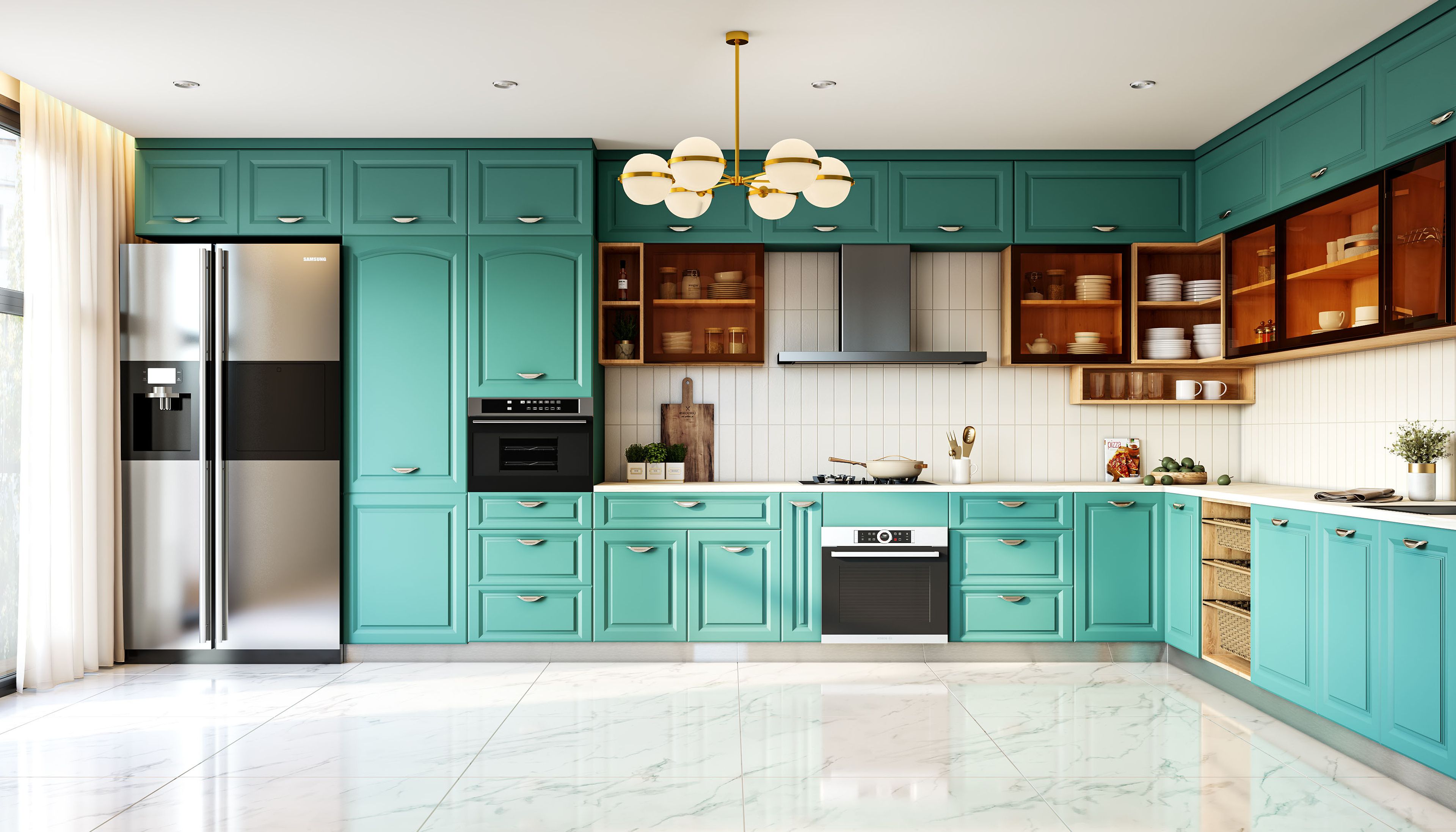 L-Shaped Classic Kitchen Design in Mint Turquoise with Glass Cabinets
